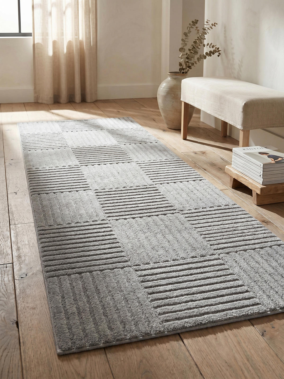 TEPPICH Hochflor RIGI in Silber, mit Cord-Streifen-Patchwork, 80 x 250 cm - Silberfarben, Textil (80/250cm) - KADIMA DESIGN
