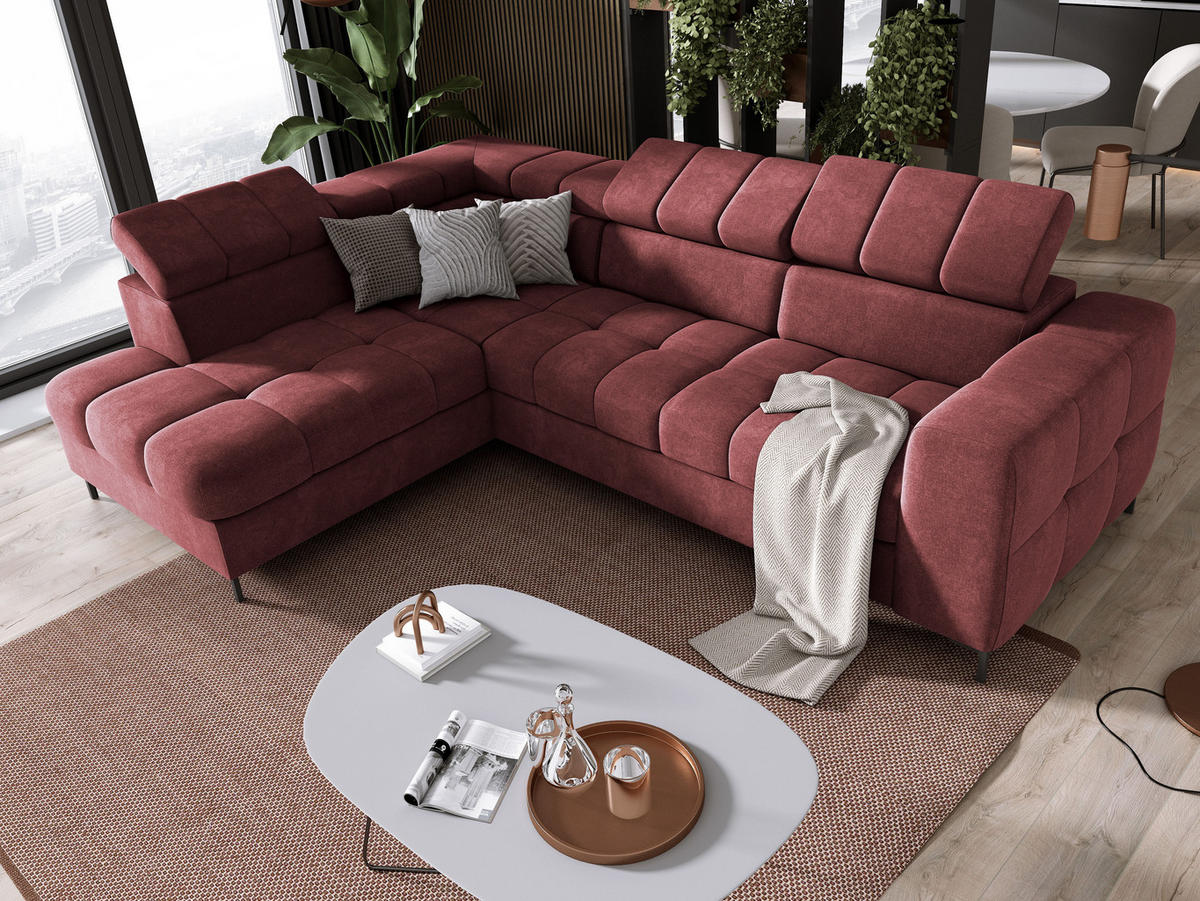 ECKSOFA PABLO VOGUE L‑förmig mit Bett, Bettkasten, verstellbaren Kopfstützen, weichen Metallfüßen, freistehend, LINKS, 270x201x97 cm, Bordeaux - Bordeaux, Holz/Textil (201/270cm) - DomoHome