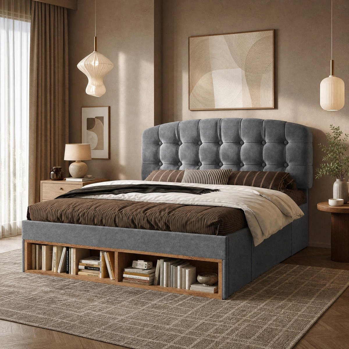 POLSTERBETT 90/200 mit Schubladen, Stauraum und höhenverstellbarem Kopfteil in Grau - Beige/Grau, Holzwerkstoff/Textil (90/200cm) - EVRYAE