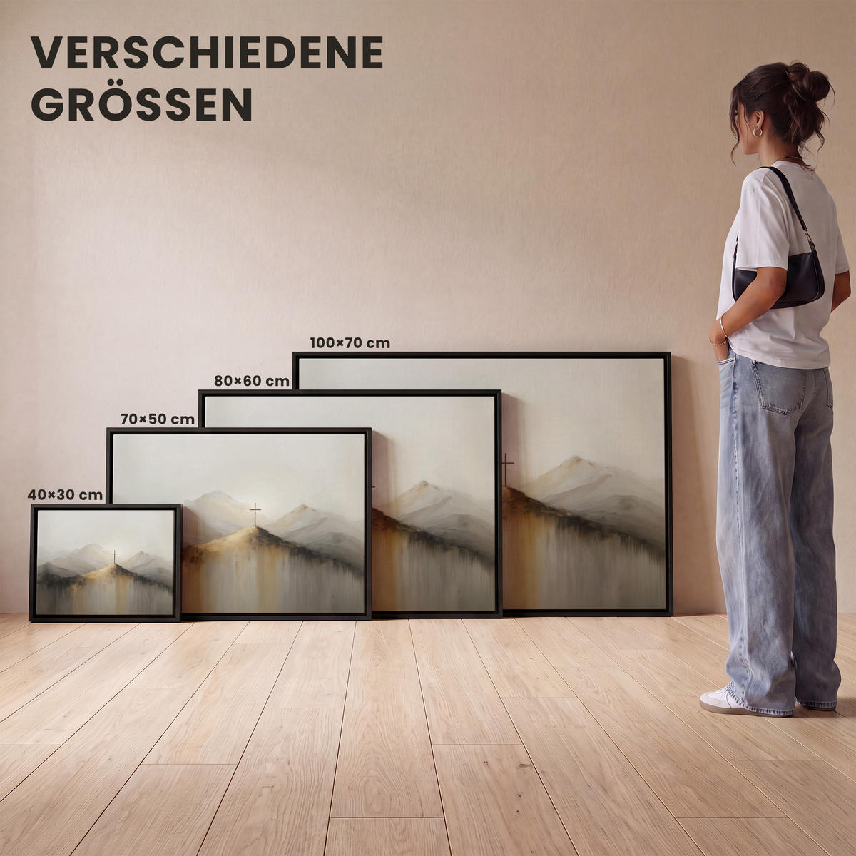 LEINWAND Bilder mit Rahmen - Hügel - Abstrakt - Kreuz - Christentum - 70x50 - Beige, Textil (70/50cm) - MuchoWow