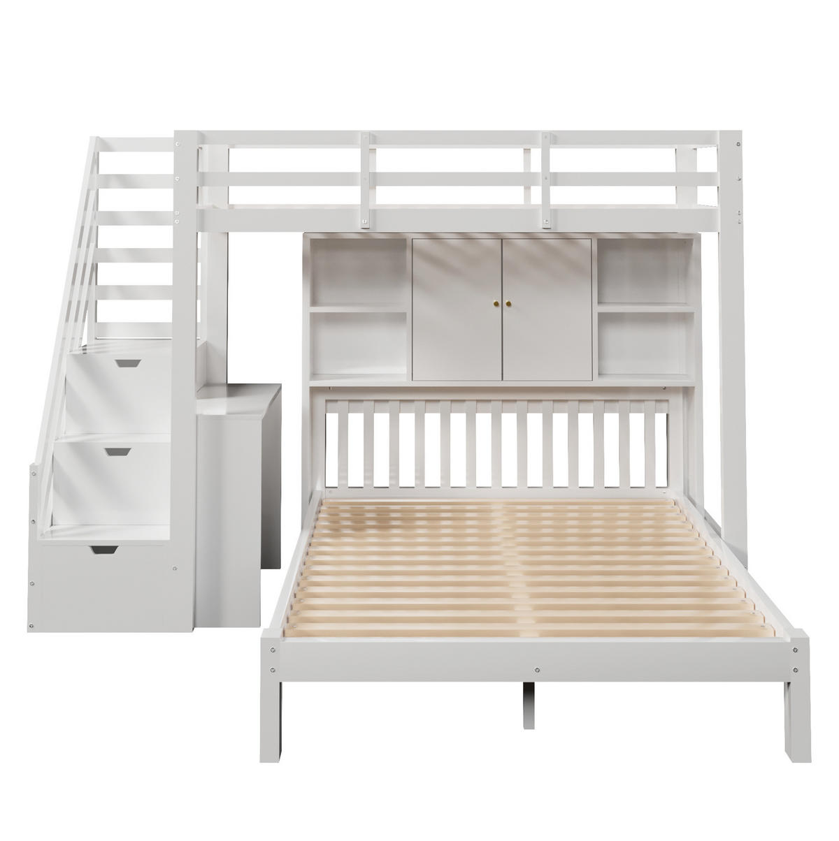 ETAGENBETT 90/200 + 140/200 cm und MDF mit Aufbewahrungstreppe, Regalen und Beistelltisch, Weiß - Weiß, Holzwerkstoff (90/200cm) - Redom