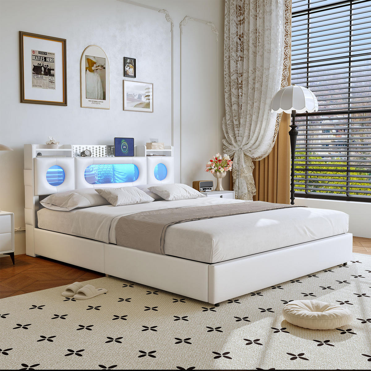 POLSTERBETT 140x200 cm LED USB Lattenrost Stauraum PU weiß - Weiß, Holz (140/200cm) - LEBENLANG