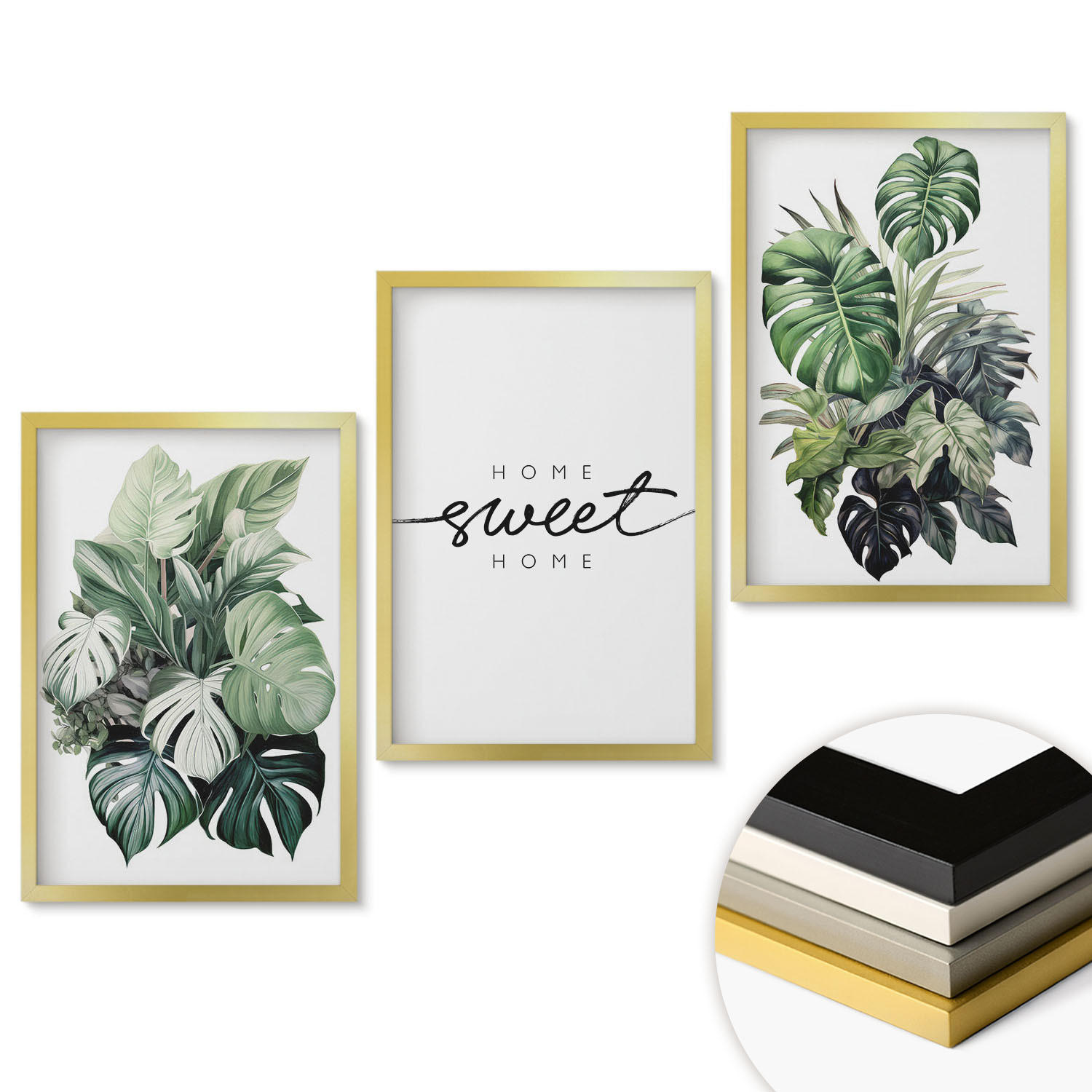 WANDBILDER 3er Set - 40x60 cm Goldrahmen - Pflanzen mit der Aufschrift „Sweet Home“ - Goldfarben, Kunststoff (40/60cm) - ArtPrintCave