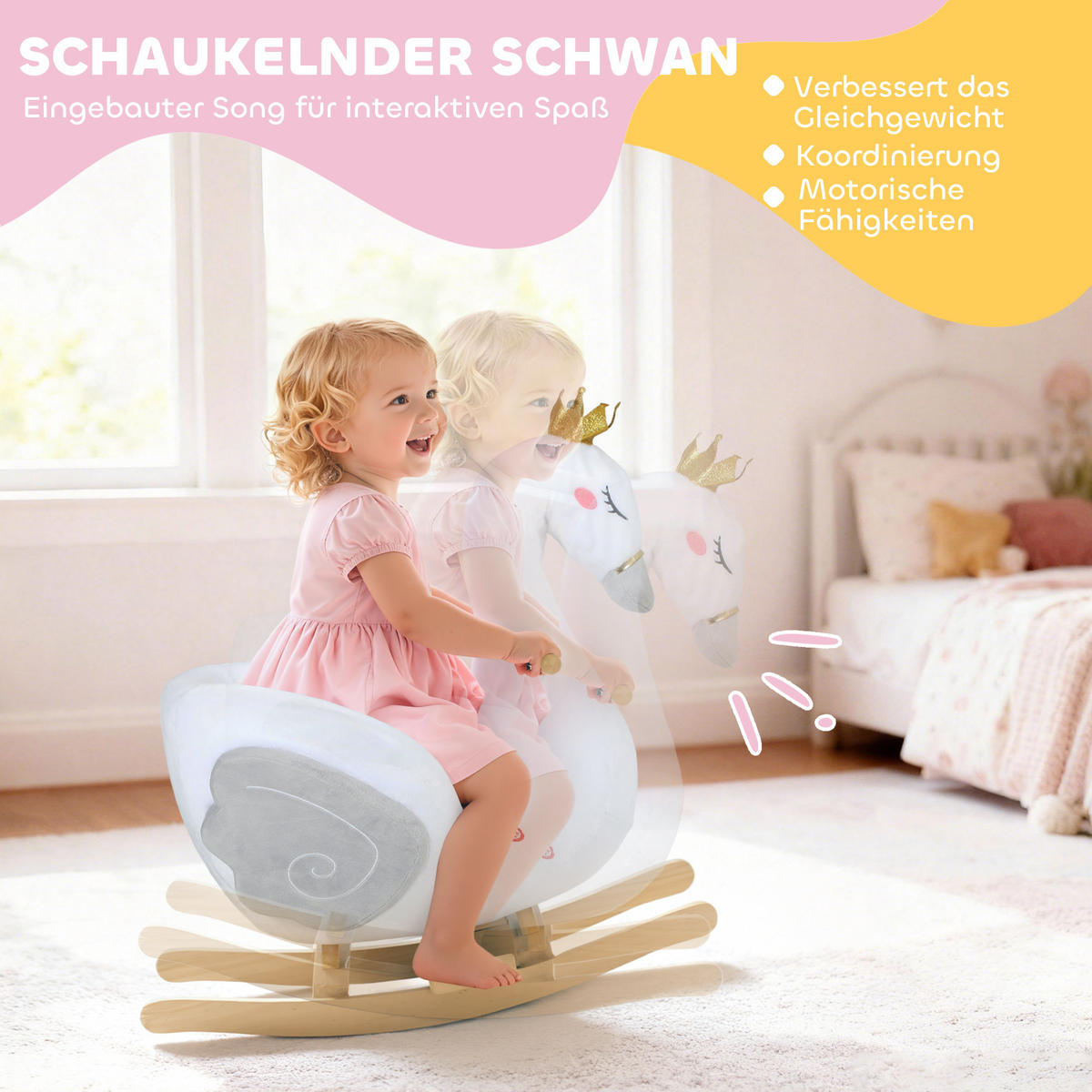 SCHAUKELTIER, Schwan-Schaukel mit Schlaflied weicher Füllung Holzrahmen Plüsch - Weiß, Textil (40/68/65cm) - AIYAPLAY