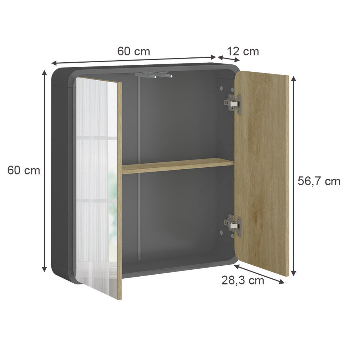 KOUPELNOVÁ ZRCADLOVÁ SKŘÍŇKA Arla Antracit - antracitová/barva dubu, kompozitní dřevo (60/60/12cm) - Vicco