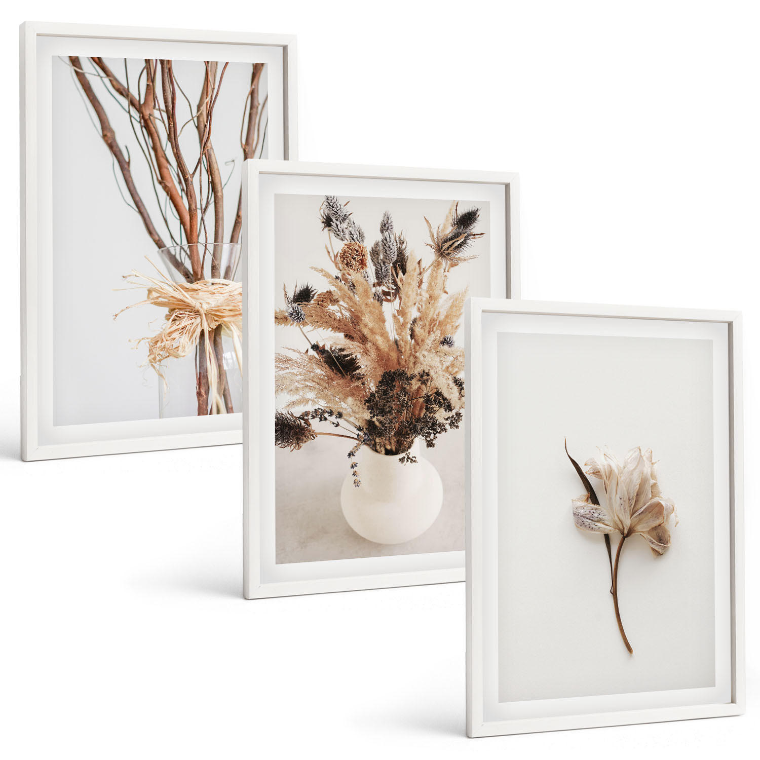 BILDER SET 3er Set - 40x60 cm Weißer Rahmen - Blumenzweige minimalistisch - Weiß, Kunststoff (40/60cm) - TULUP