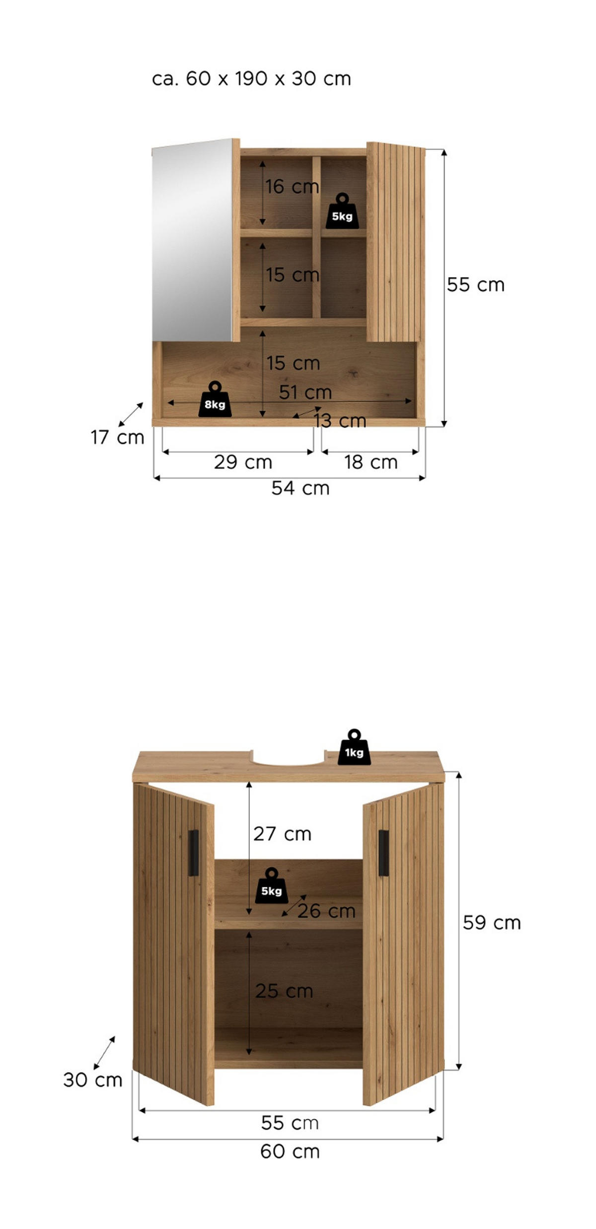 BADMÖBEL-SET Eiche Artisan 2-teilig 60 cm, Badezimmerkombination mit Rillen-Optik - Schwarz/Eiche Artisan, Glas/Holzwerkstoff (60/180/30cm) - Inn.Furn