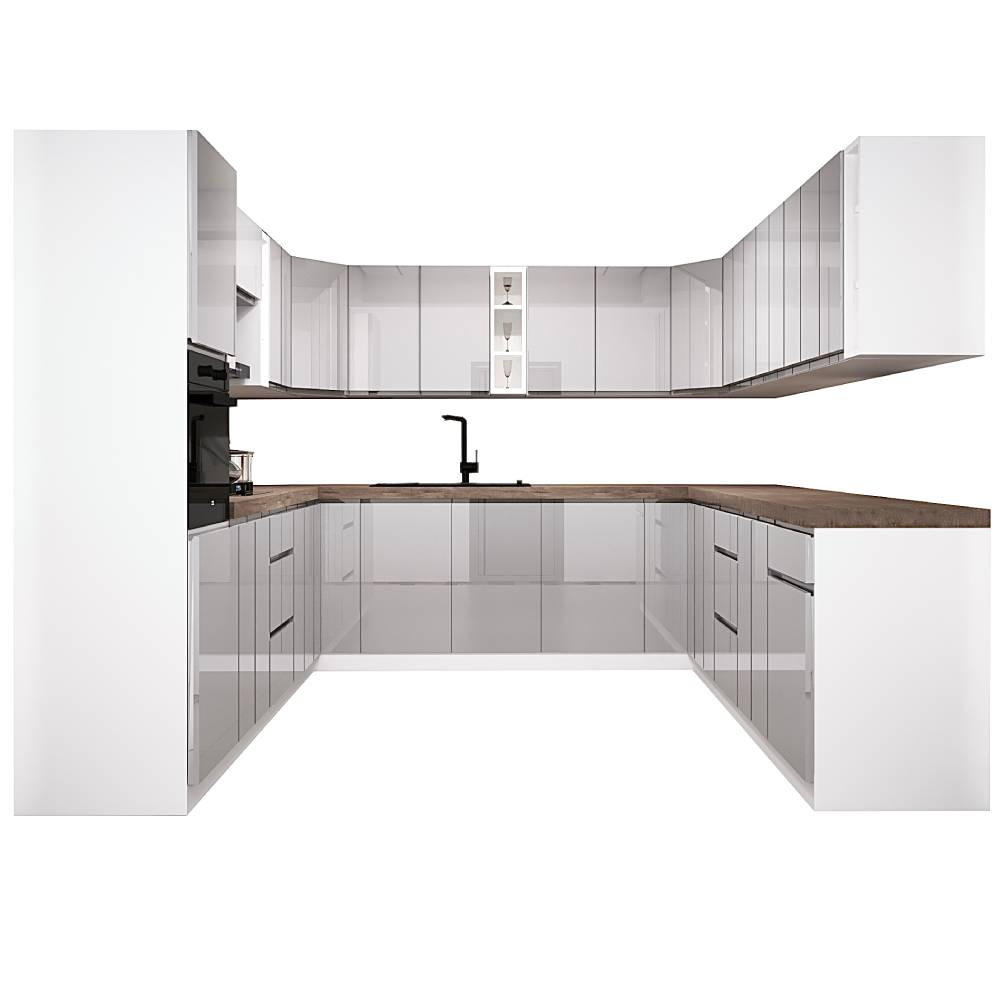 WINKELKÜCHE 320 cm x 200 x 320 cm - Aspen KA19-M320 - in Grau/Hochglanz - Grau, Holz (860/212/58cm)