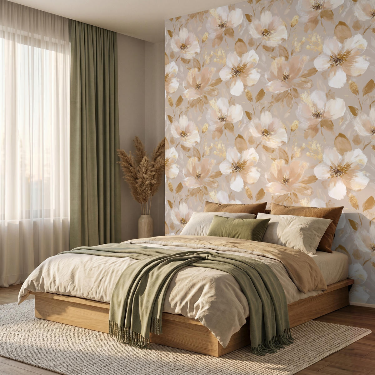 TAPETE - Blumen - künstlerisch - Gold - 240x300 cm - Beige, Papier (240/300cm) - OnlyWow