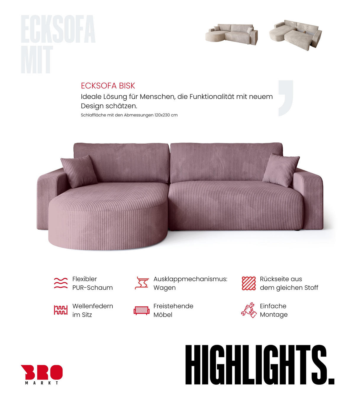 ECKSOFA Bisk mit Schlaffunktion Puderrosa Cordstoff - Pink, Textil (275/170cm) - Bromarkt