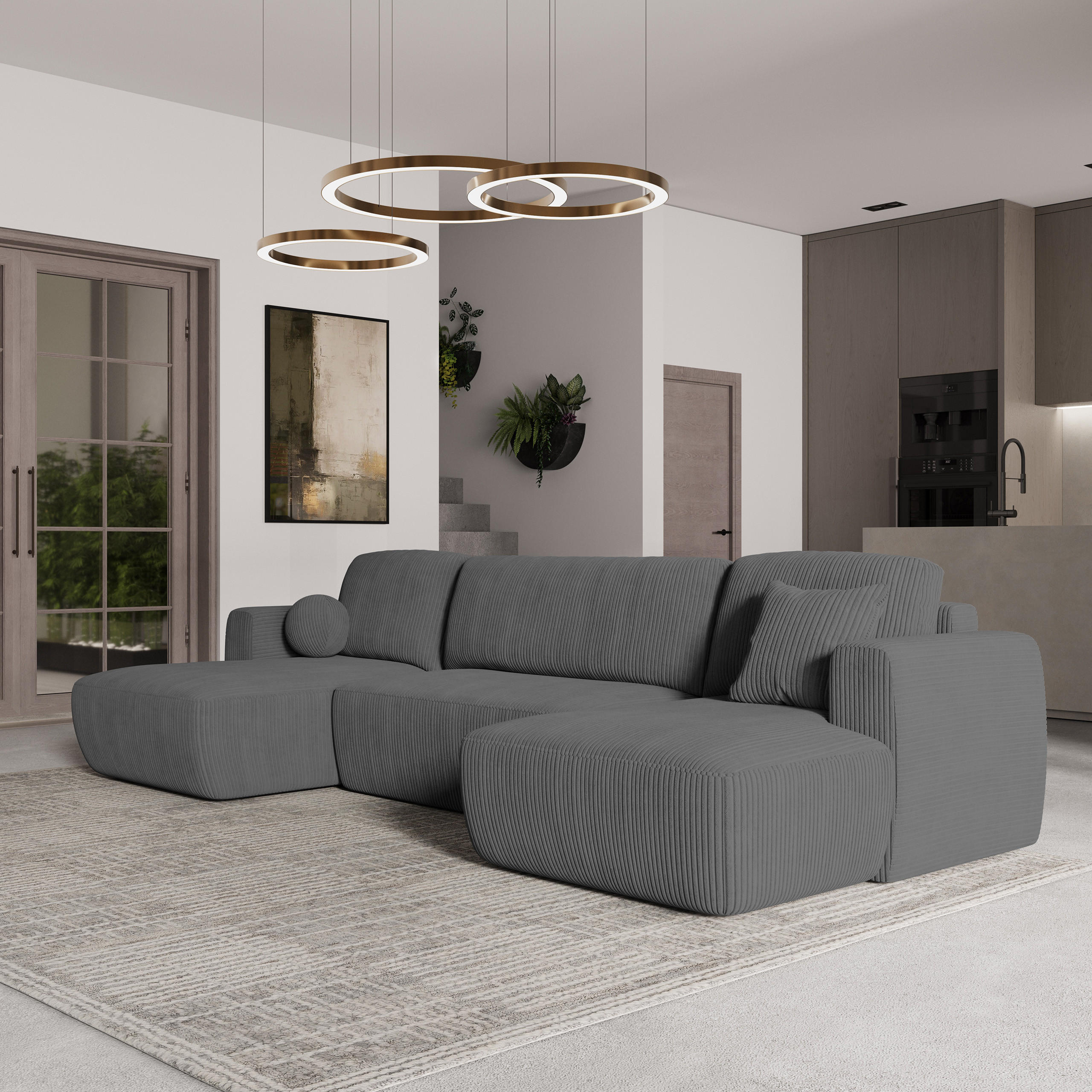 WOHNLANDSCHAFT SENTUM P Grau Kordstoff mit Schlaffunktion - Grau, Holz (330/90/148cm) - MASSENO