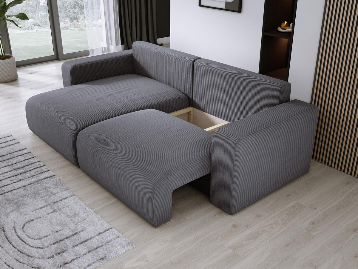 ECKSOFA Carl L-förmig Schlaffunktion und Bettkasten weicher Cordstoff flexibel stellbar lose Rückenkissen freistehend LINKS 143x247x83cm Grey - Grau, Holz/Textil (143/247cm) - DomoHome