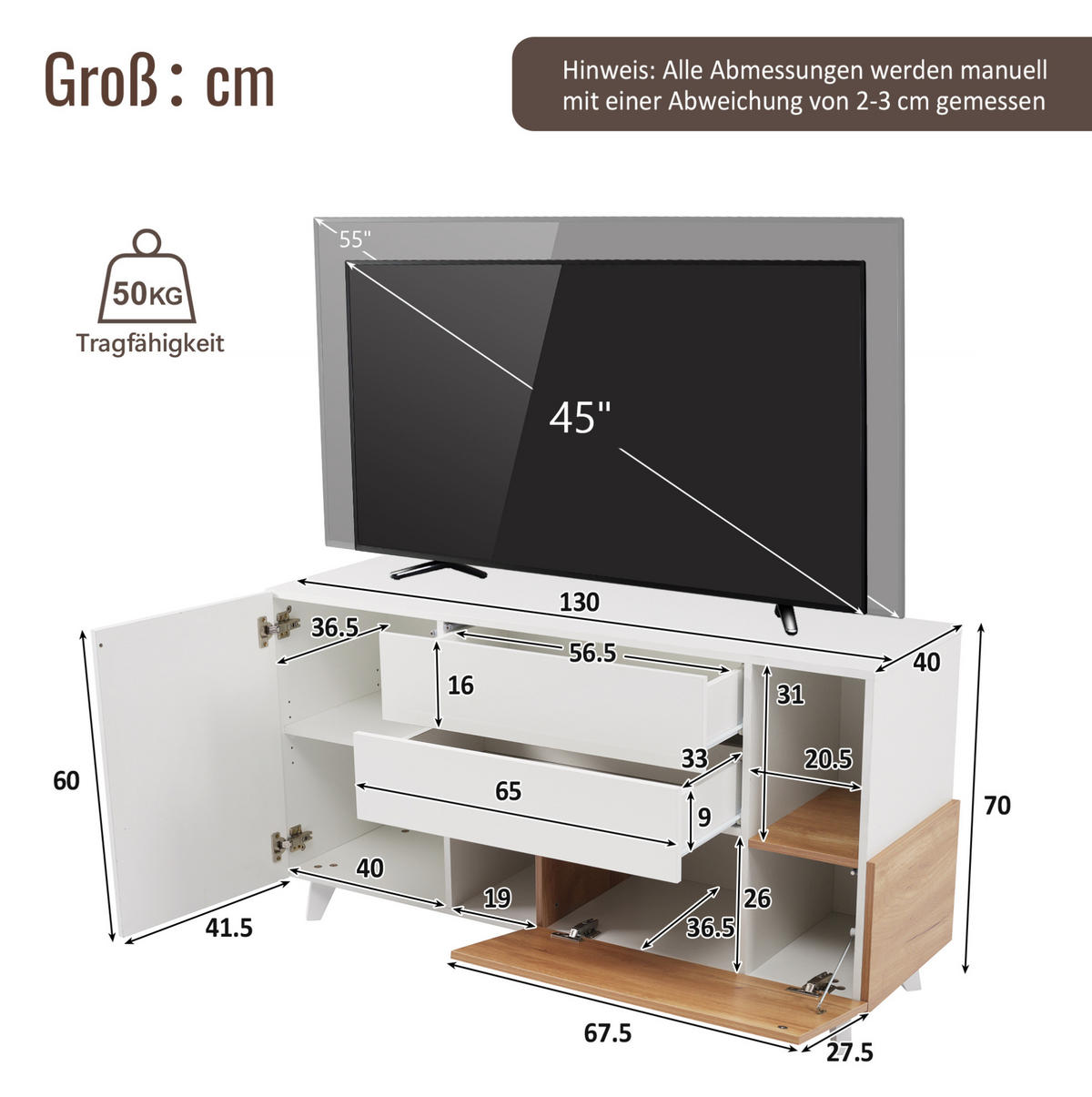 SIDEBOARD 130/40/70 cm, Weiß hochglänzend mit Hell-Eiche Akzenten, 2 Schubladen und Türen, skandinavischer Minimalismus, Weiß und Licht Eiche - Weiß, Holzwerkstoff (130/70/40cm) - Redom