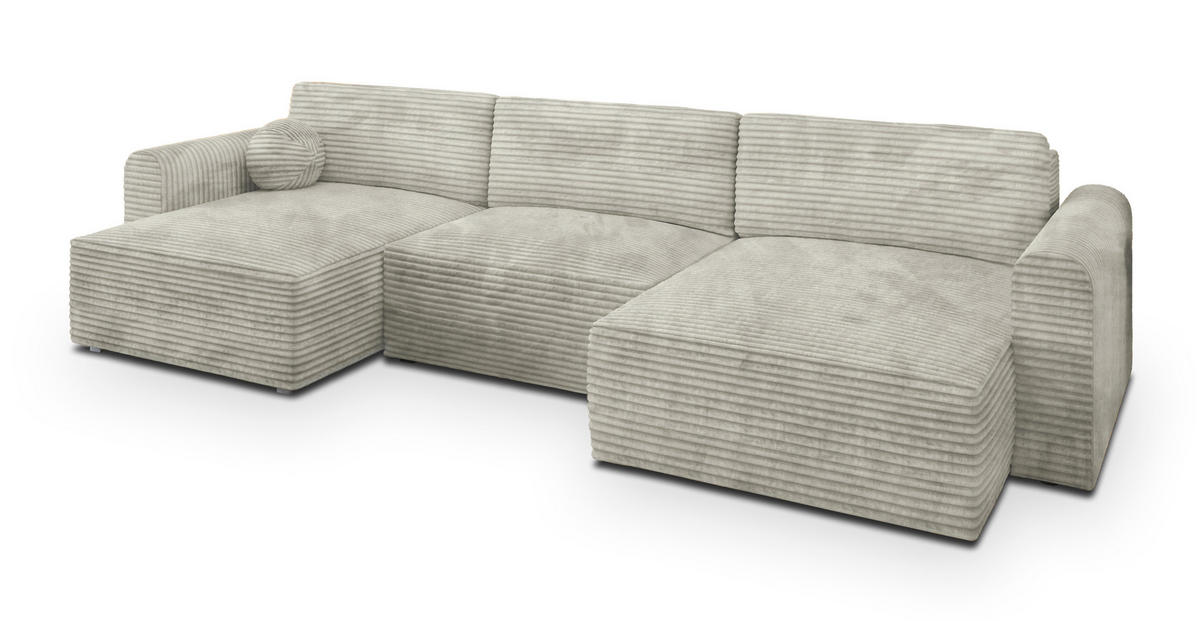 WOHNLANDSCHAFT FENTO Hellgrau Kordstoff mit Schlaffunktion - Hellgrau, Holz (347/90/148cm) - MASSENO