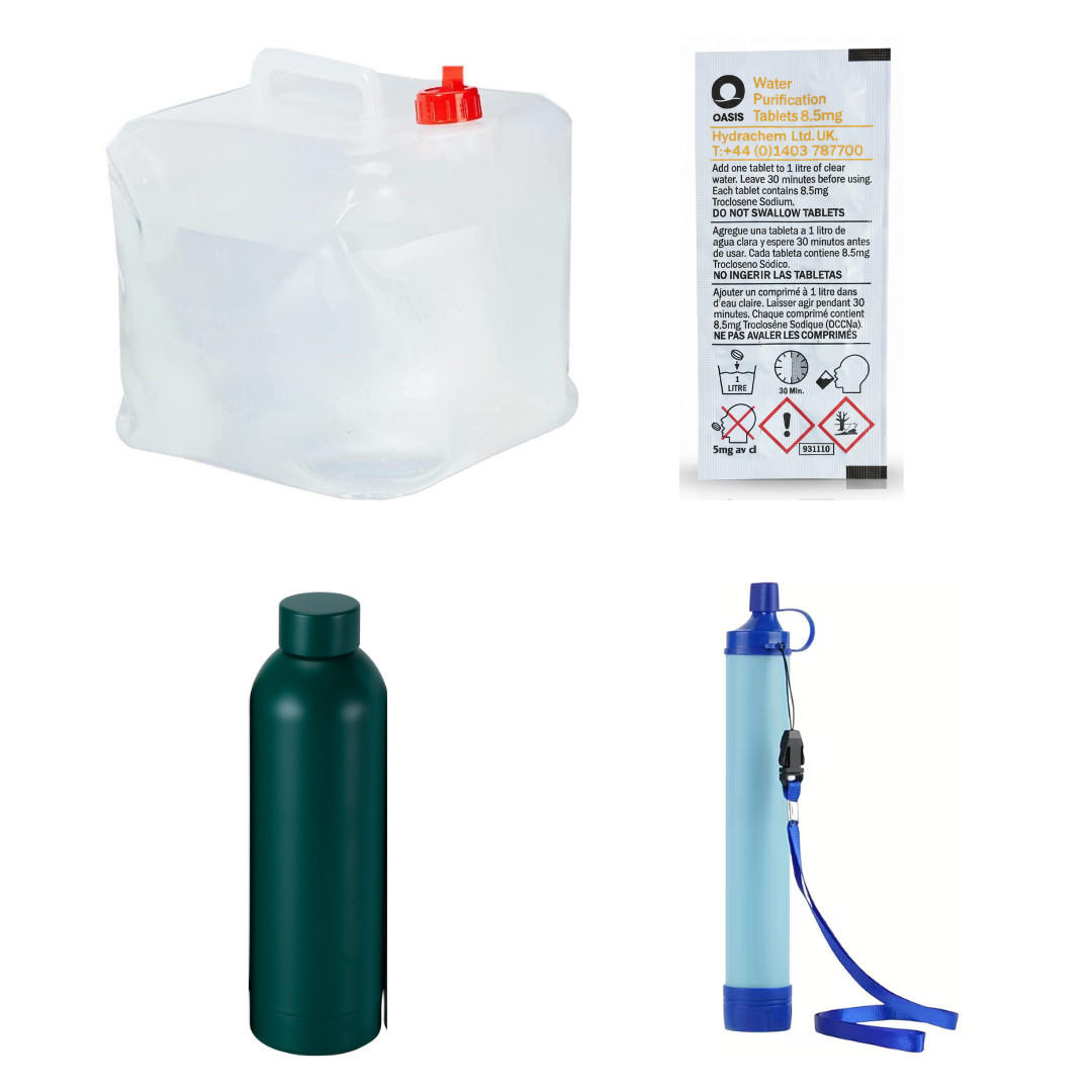 TRINKWASSERAUFBEREITUNG 4er set Notfall Ausrüstung Tabletten Survival Kit Rucksack Set Komplettset Wasseraufbereitung Trinkwasser Notfallrucksack - Multicolor, Kunststoff/Metall (10/10/10cm) - JUNG