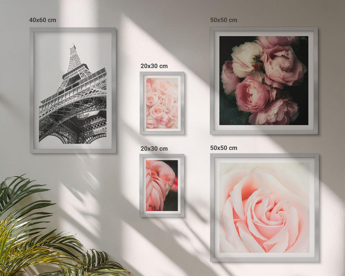BILDER SET 5er Set - 50x50 cm & 20x30 cm & 40x60 cm Silberner Rahmen - Berge, Wasser, wunderschöne Landschaften - Silberfarben, Kunststoff (40/60cm) - TULUP
