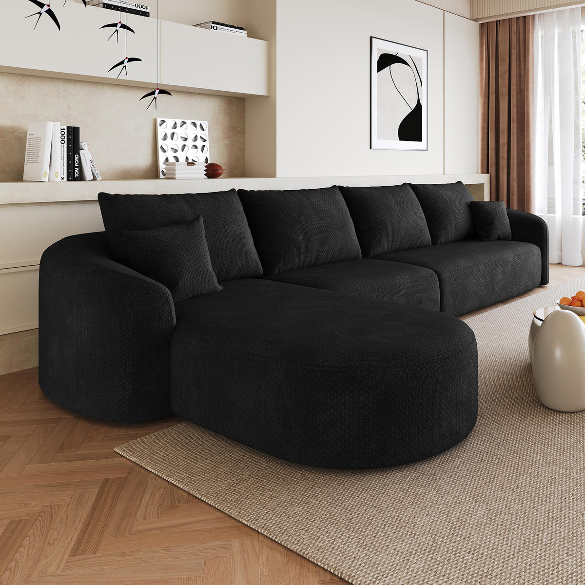 ECKSOFA 336/168/85 cm Schwarz Chenille mit Chaiselongue, Linke Seite - Schwarz, Textil (336/168cm) - Oxeza