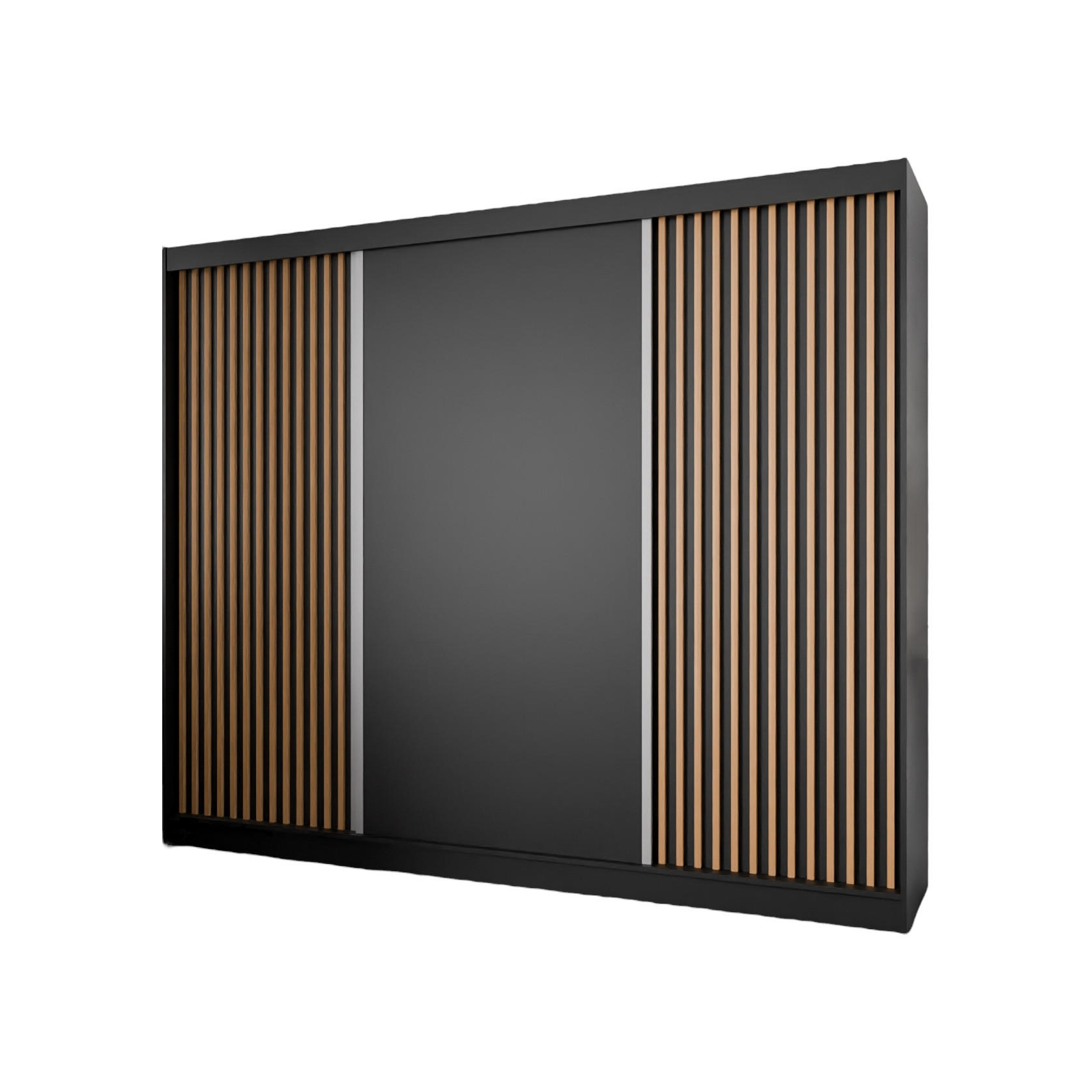 SCHWEBETÜRENSCHRANK Lili 250 cm mit Lamellen 3-türig, schwarz, Lamelle wotan - Eiche Wotan/Schwarz, Kunststoff (250/215/61cm) - Margaret Hadas24