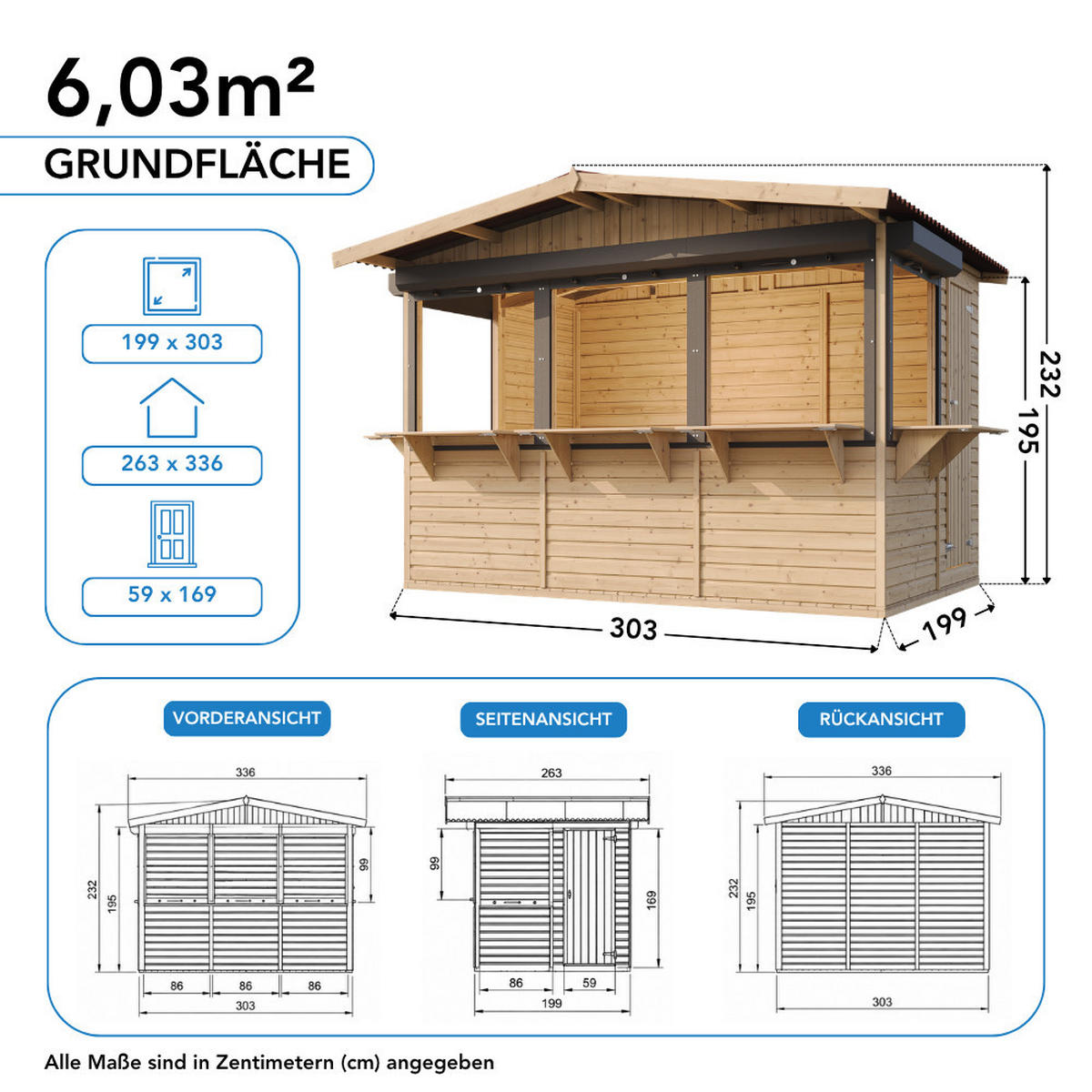 ZÁHRADNÝ drevený kiosk – 263 x 336 cm / 6 m²– TIMBELA M150BZ - béžová, drevo (336/232/263cm) - Timbela