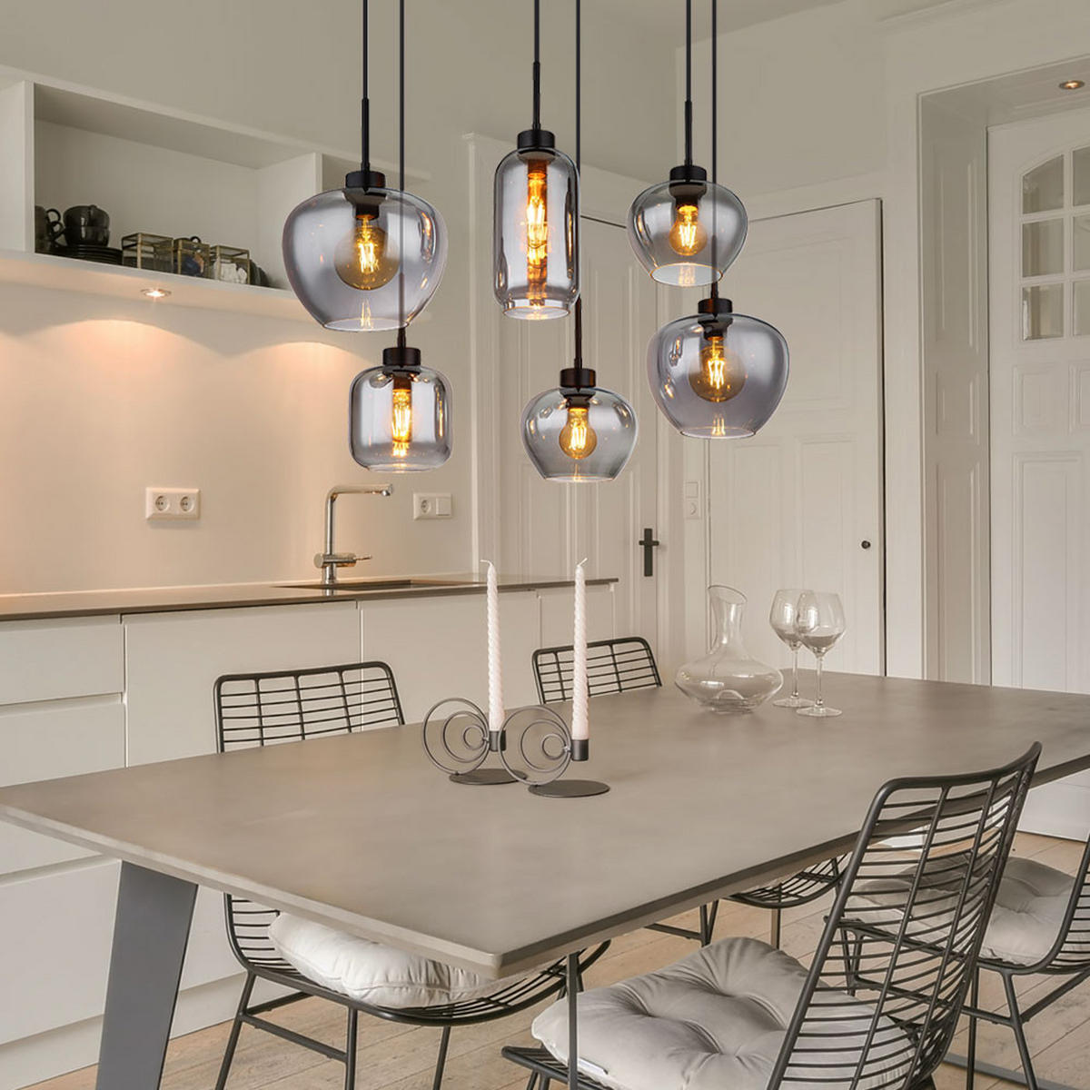 PENDELLEUCHTE Metall Glas Rauchfarbe Schwarz-matt 6-flammig - Grau, Glas (87/43/120cm) - Globo Lighting