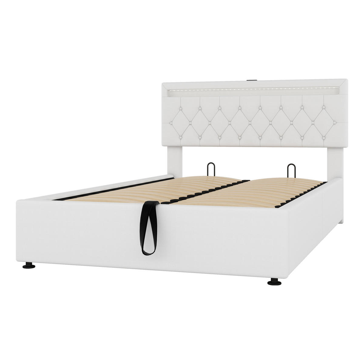 FLACHBETT 140x200cm Weiß gepolstert LED Hydraulik USB-C Stauraum - Weiß, Holz (140/200cm) - FLIEKS