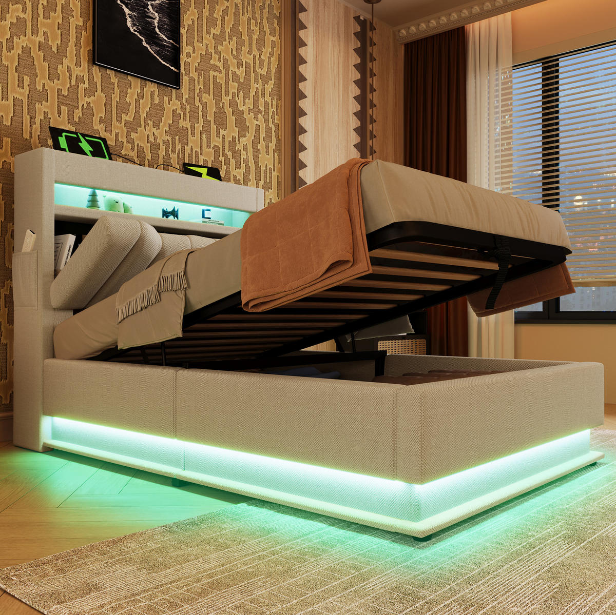 POLSTERBETT 90/200 cm mit hydraulischem Bettkasten, LED & Kopfteil mit USB/Typ-C, Beige - Beige, Textil (90/200cm) - Redom