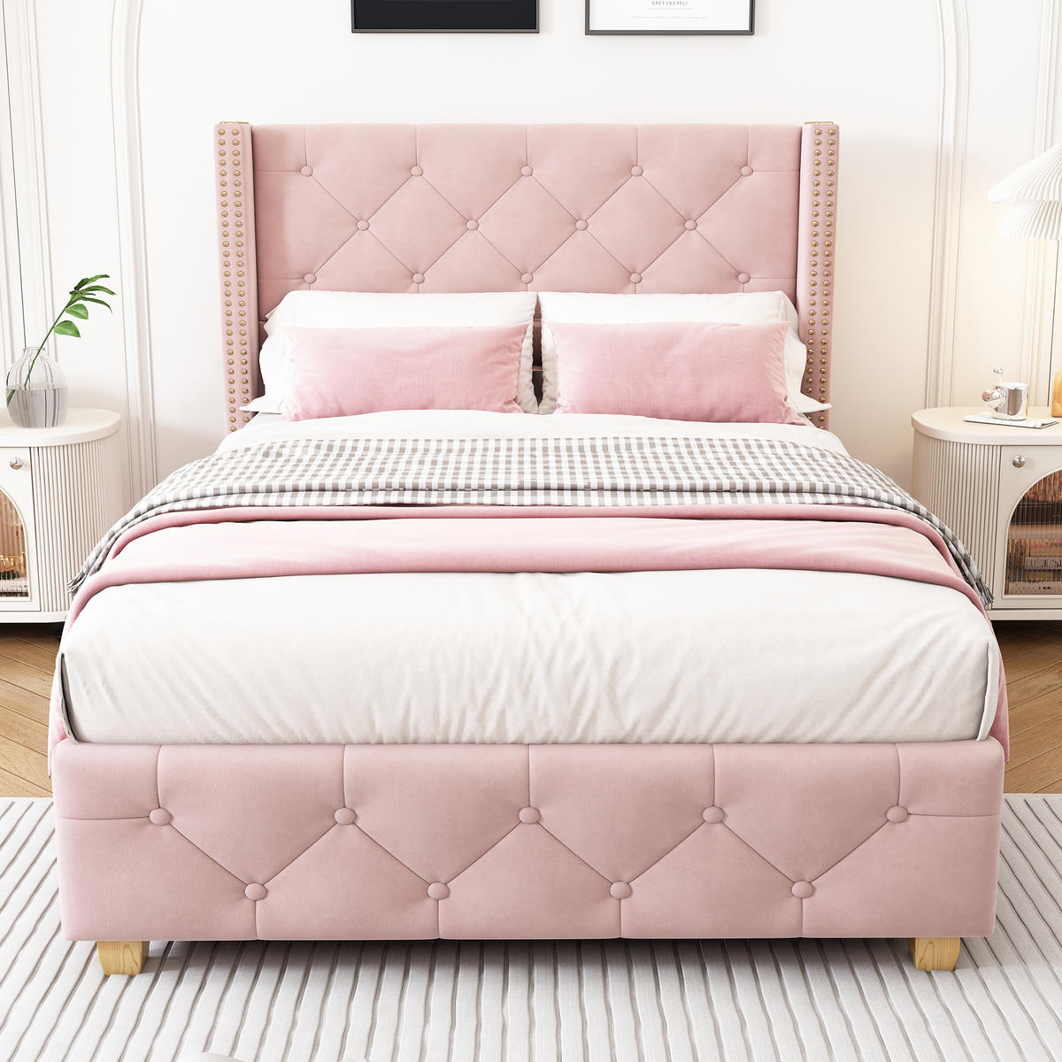 SAMT-POLSTERBETT 90/200 cm in Rosa mit Lattenrost und gepolstertem Kopfteil - Rosa, Textil (90/200cm) - BEAOK