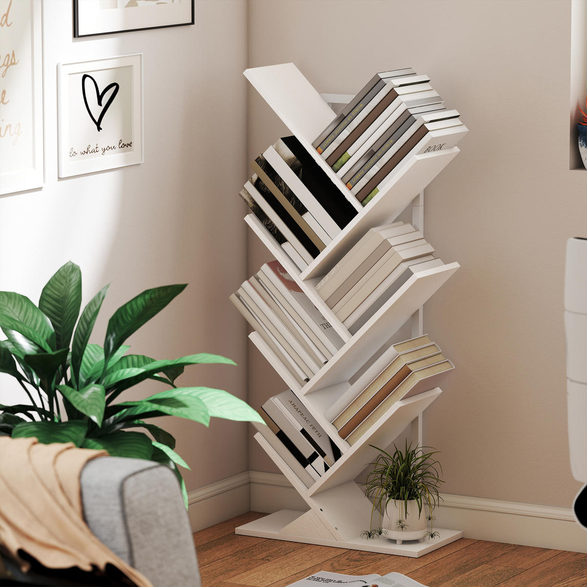 BÜCHERREGAL Standregal mit 7 Ebenen Schmal Regal im Baumform Weiß - Weiß, Holzwerkstoff/Metall (24/109/50cm) - HOMCOM
