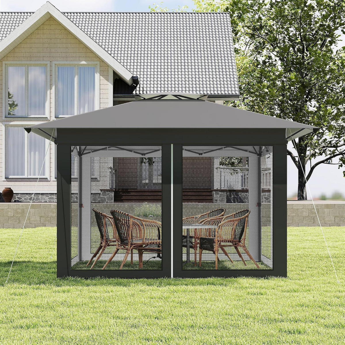 GARTENPAVILLON 4x4m Pop-up Anthrazit Höhenverstellbar mit Moskitonetz - Anthrazit, Metall (300/285/400cm)