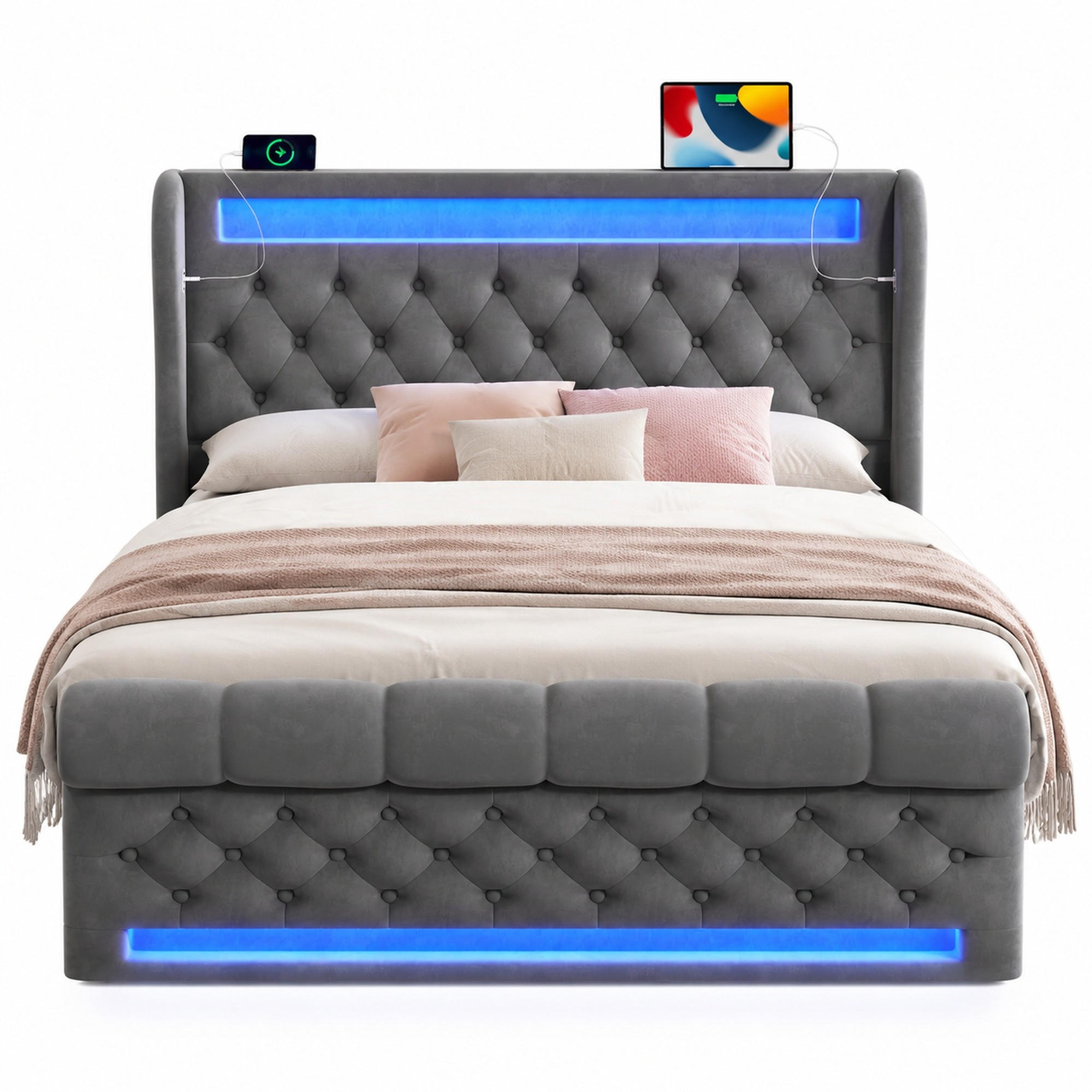 POLSTERBETT 140/200 mit Bettkasten LED-Leuchten, in Grau - Grau, Holzwerkstoff/Textil (140/200cm) - EVRYAE