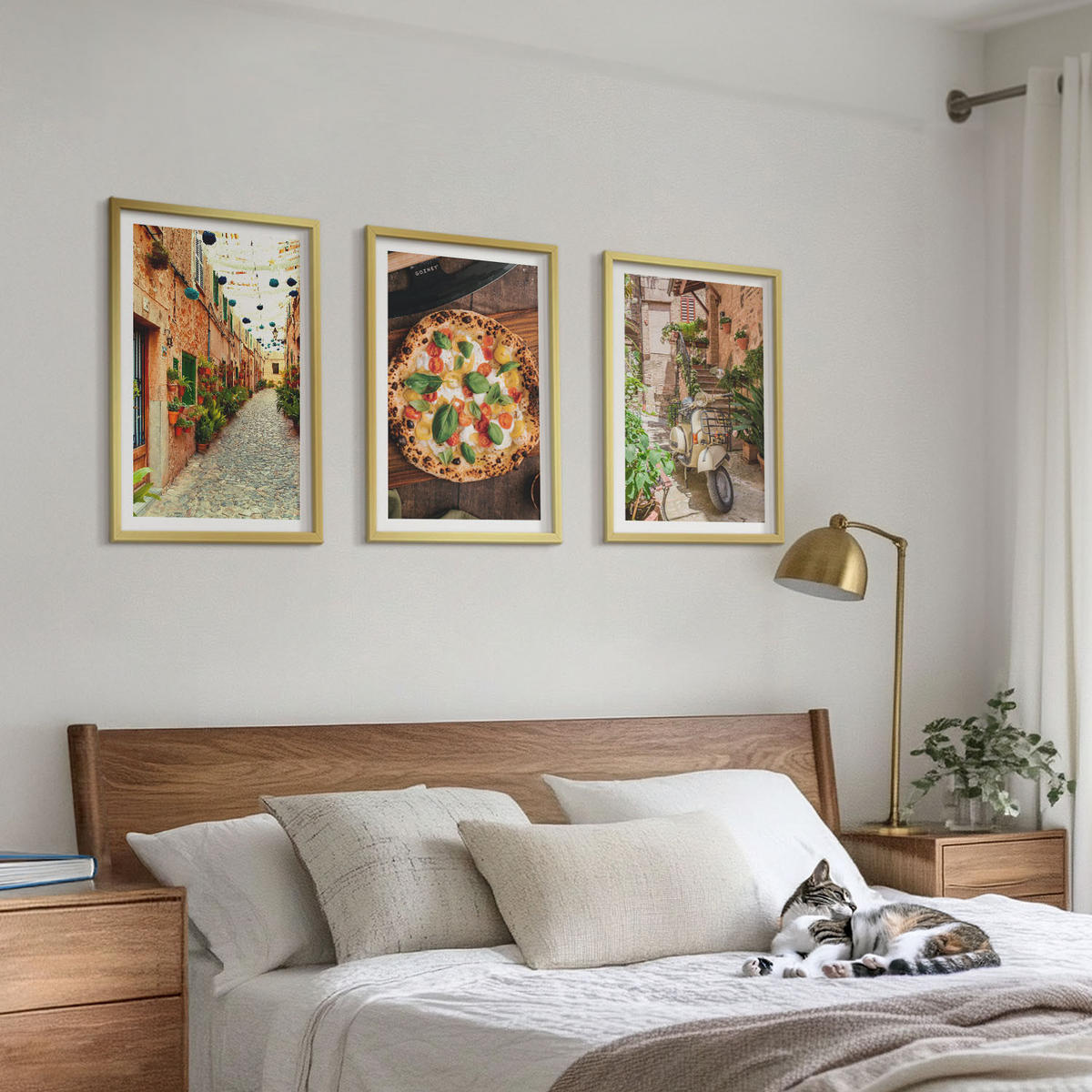 BILDER SET 3er Set - 40x60 cm Goldrahmen - Charmante Straßen mit Pizza - Goldfarben, Kunststoff (40/60cm) - TULUP