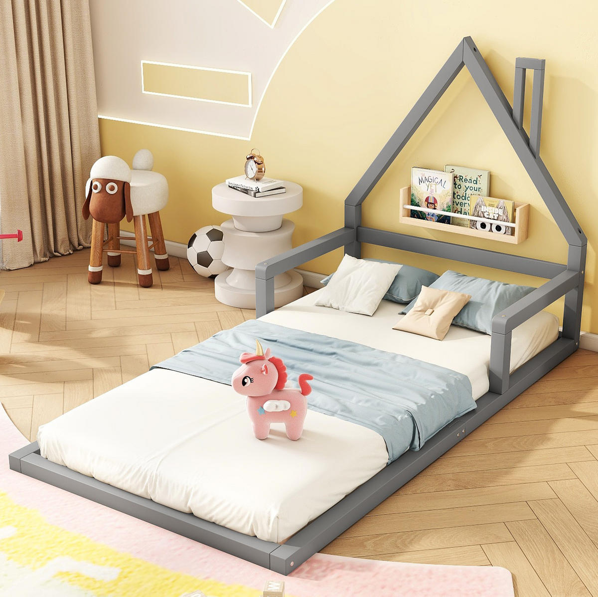 KINDERBETT aus massivem Kiefernholz und MDF 90x200 cm Grau in Hausform, pflegeleicht und stabil - Grau, Holzwerkstoff (90/200cm) - Modfu