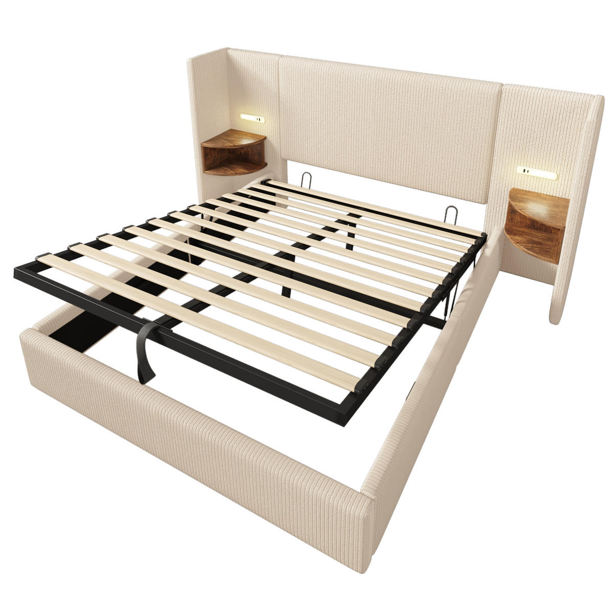 POLSTERBETT 160/200 cm Beige-Weiß mit Stauraum und Leselampe aus Cordstoff - Weiß, Textil (160/200cm) - OKWISH