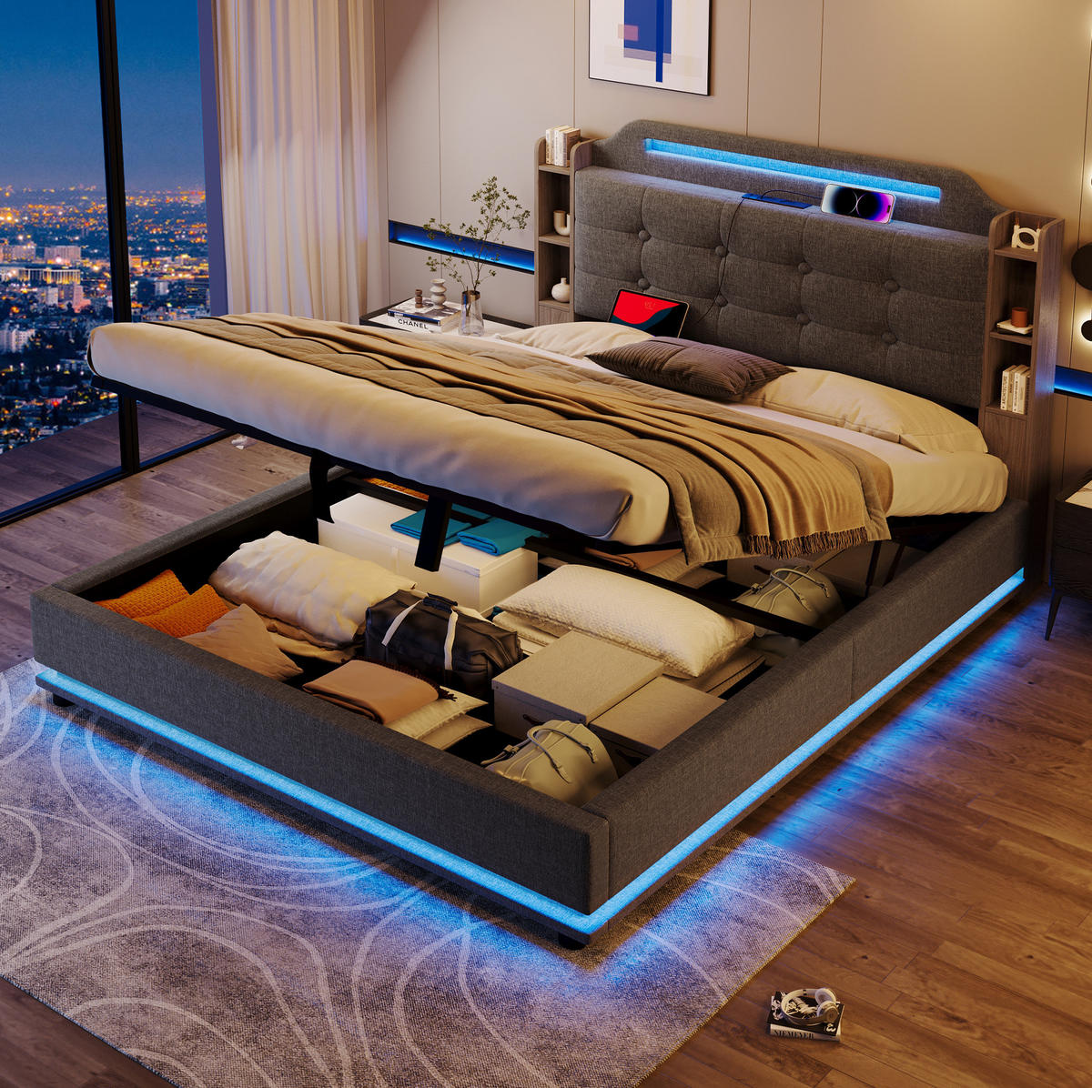 POLSTERBETT 140/200 cm mit LED-Lichtleiste, USB- und Type-C-Anschluss, hydraulischem Stauraum und Ablagefächern, Grau - Grau, Textil (140/200cm) - Redom