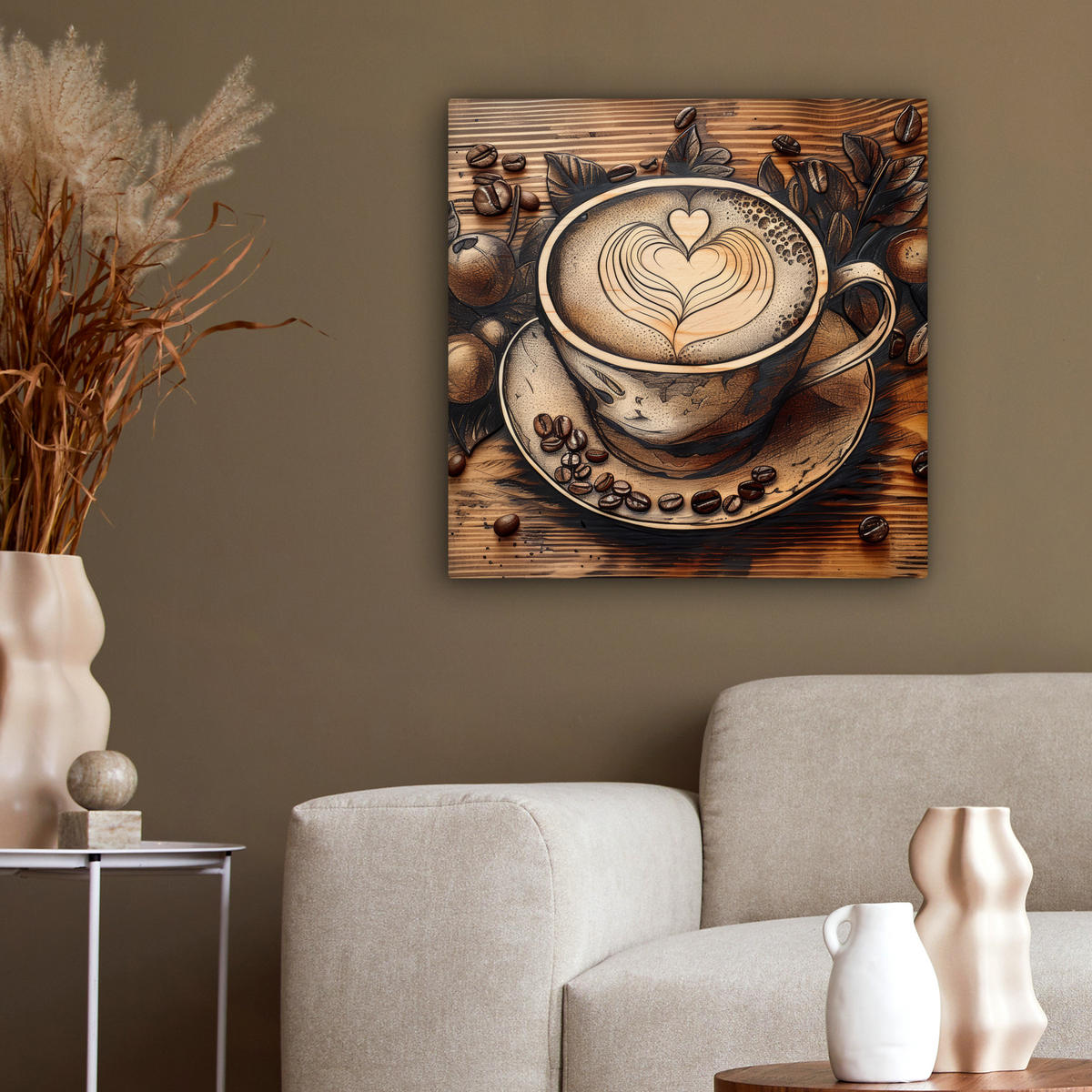 LEINWANDBILD Kaffee - Vintage - Braun - Tasse - Holz 50x50 cm - Braun, Textil (50/50cm) - MuchoWow