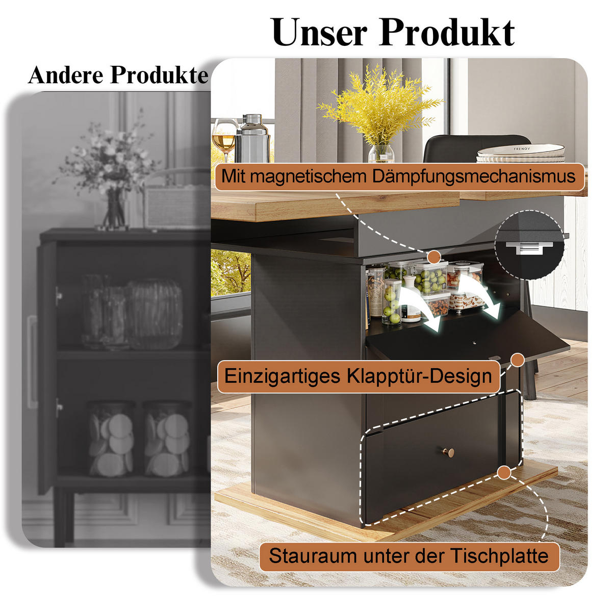 ESSTISCH Ausziehbarer aus MDF mit Stauraum & Klapptür, 110–140/80/75 cm, Schwarz/Natur - Schwarz, Holzwerkstoff (110/80/75cm) - Redom