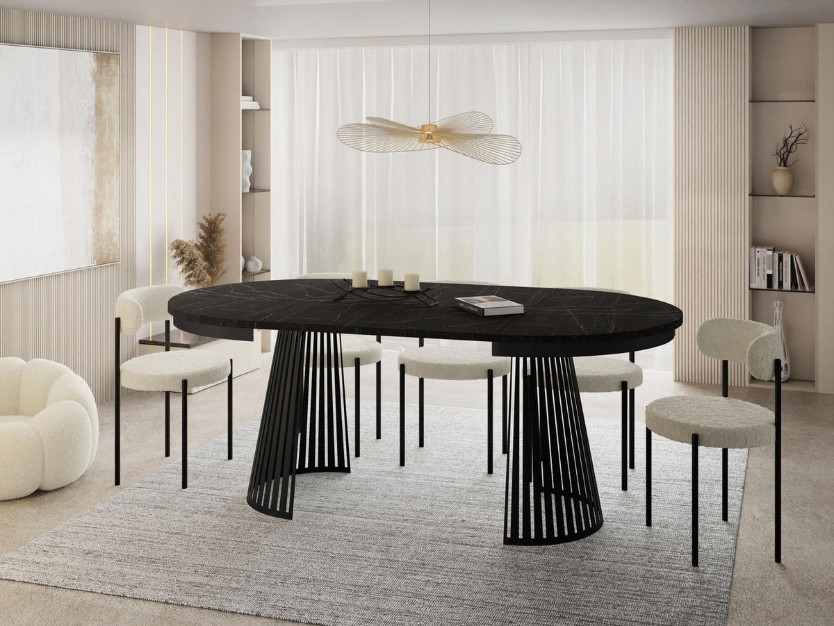 ESSTISCH Naro rund ausziehbar mit Schwarzem Lamellen-Metallgestell, Marmor Schwarz 120-200/120/76 cm - Anthrazit/Schwarz, Holzwerkstoff/Metall (120/120/76cm) - WFL GROUP