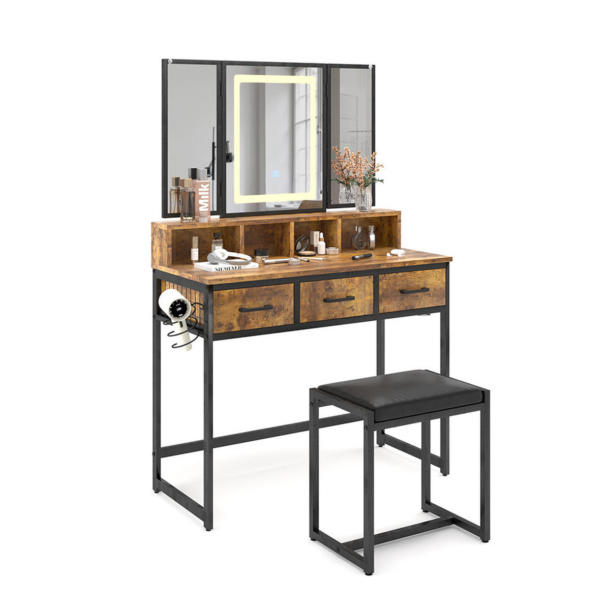 SCHMINKTISCH Fyrk Eiche rustikal 90 cm mit Hocker und LED-Spiegel - Wildeiche, Holzwerkstoff (90/137.5/40cm) - Vicco