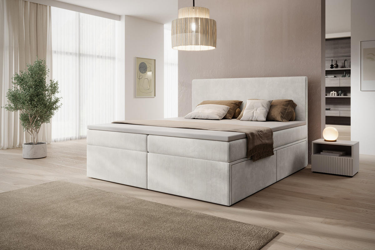 BOXSPRINGBETT Siena mit Schubladen und Topper, POSO-Cordstoff, 180x200 cm, Beige - Beige, Holz - PROMETO Möbel