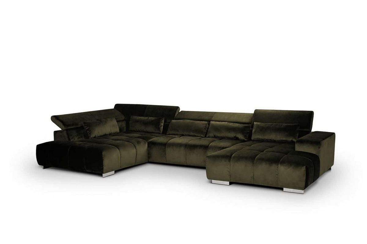 WOHNLANDSCHAFT XXL mit verstellbaren Kopflehnen, Velvet-Stoff - Silberfarben/Grün, Textil/Metall (409/73/225cm) - Cotta