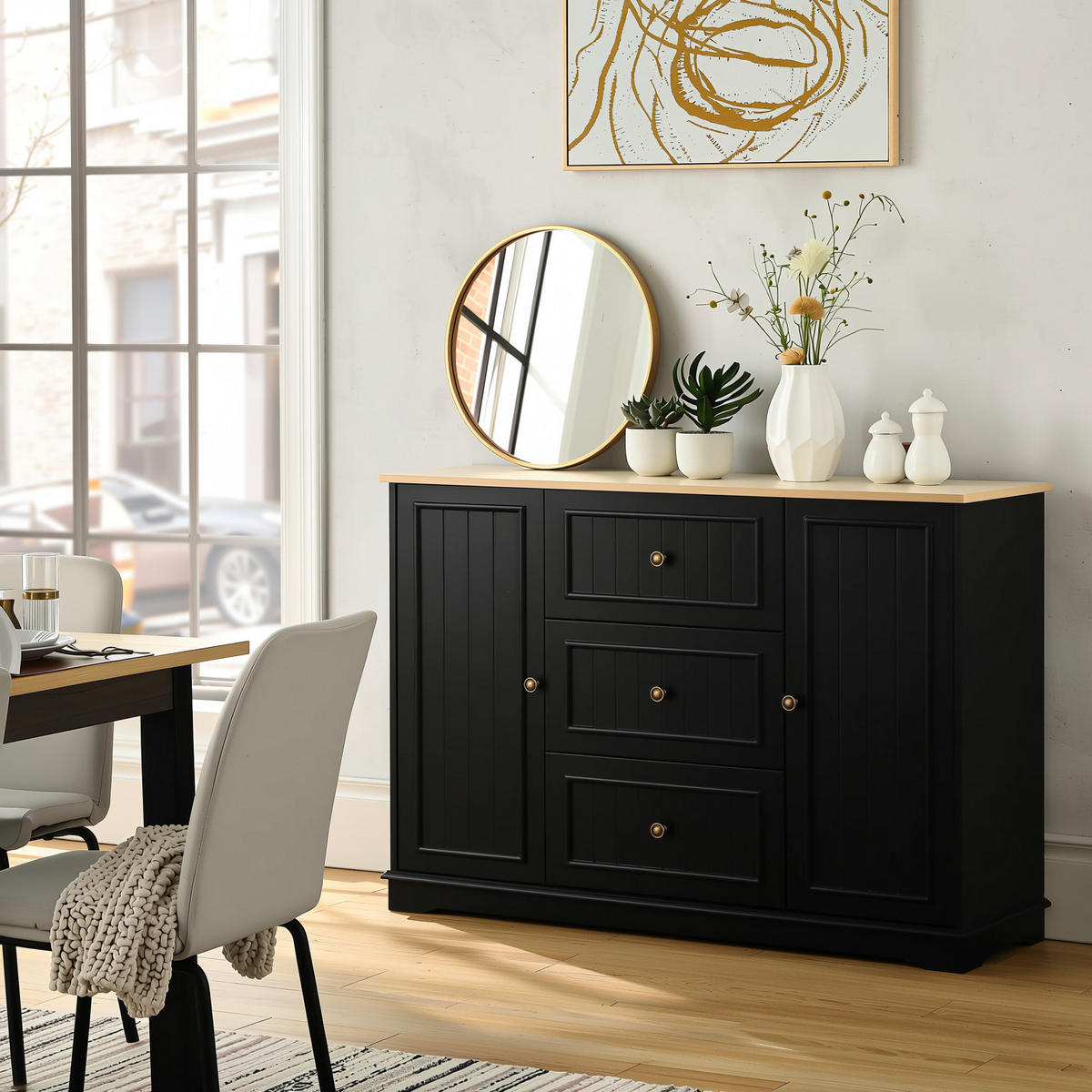 KOMODA se 3 zásuvkami a dvířky v designu lednice - černá, kompozitní dřevo (126/86/40cm) - Urban Meuble