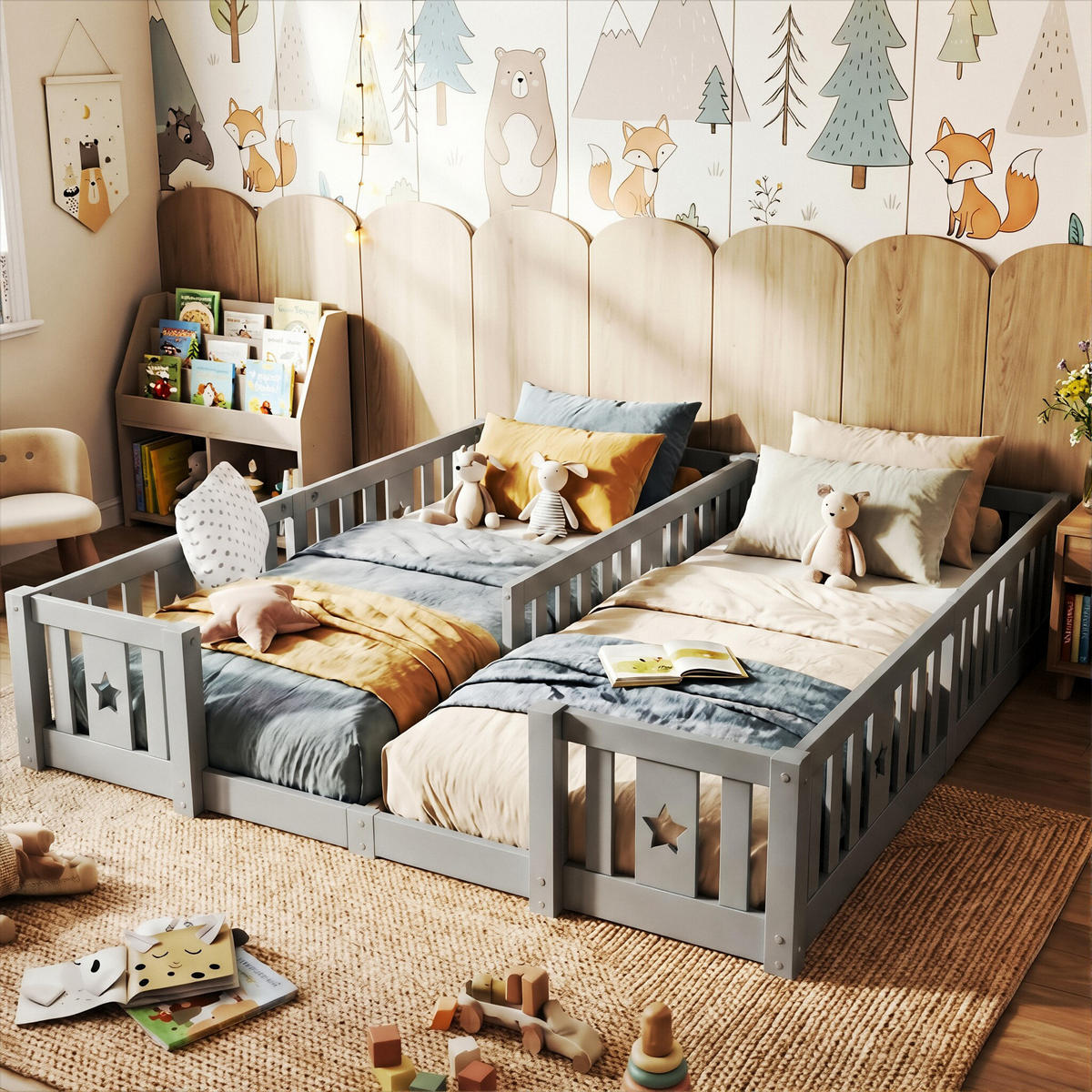 MONTESSORIBETT Klassisch ohne Lattenrost mit Sterne-Zaun 2x 90/200 cm Kiefer-Massivholz Grau - Grau, Holz (180/200cm) - Creahappy