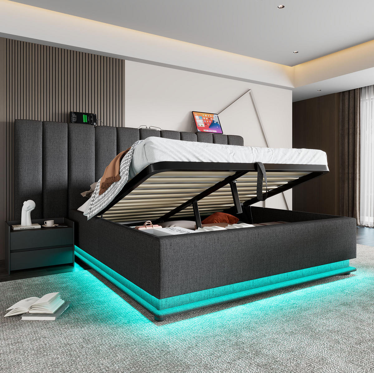 POLSTERBETT mit Stauraum, LED und USB-C 180x200 cm Leinen Grau - Grau, Metall (180/200cm) - Meubliv