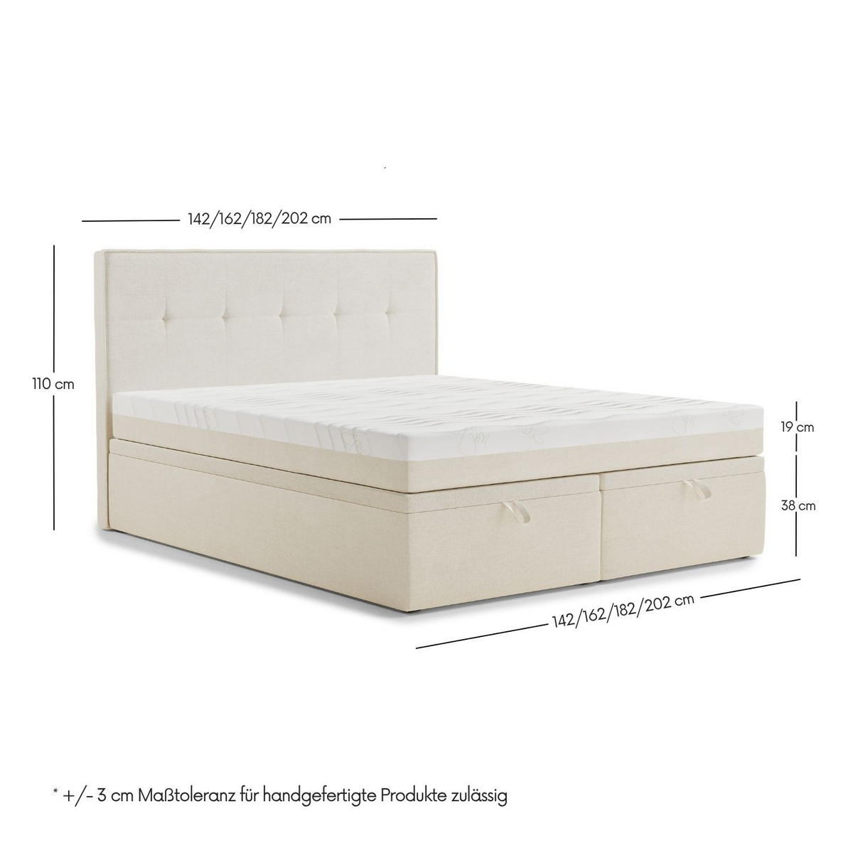 BOXBETT 200/200 cm Comfrey, in Hellbeige, Matratze, gepolstertes Kopfteil, Bettkasten, H3 = fest - Beige/Schwarz, Holz/Holzwerkstoff (200/200cm) - Maison de Reve