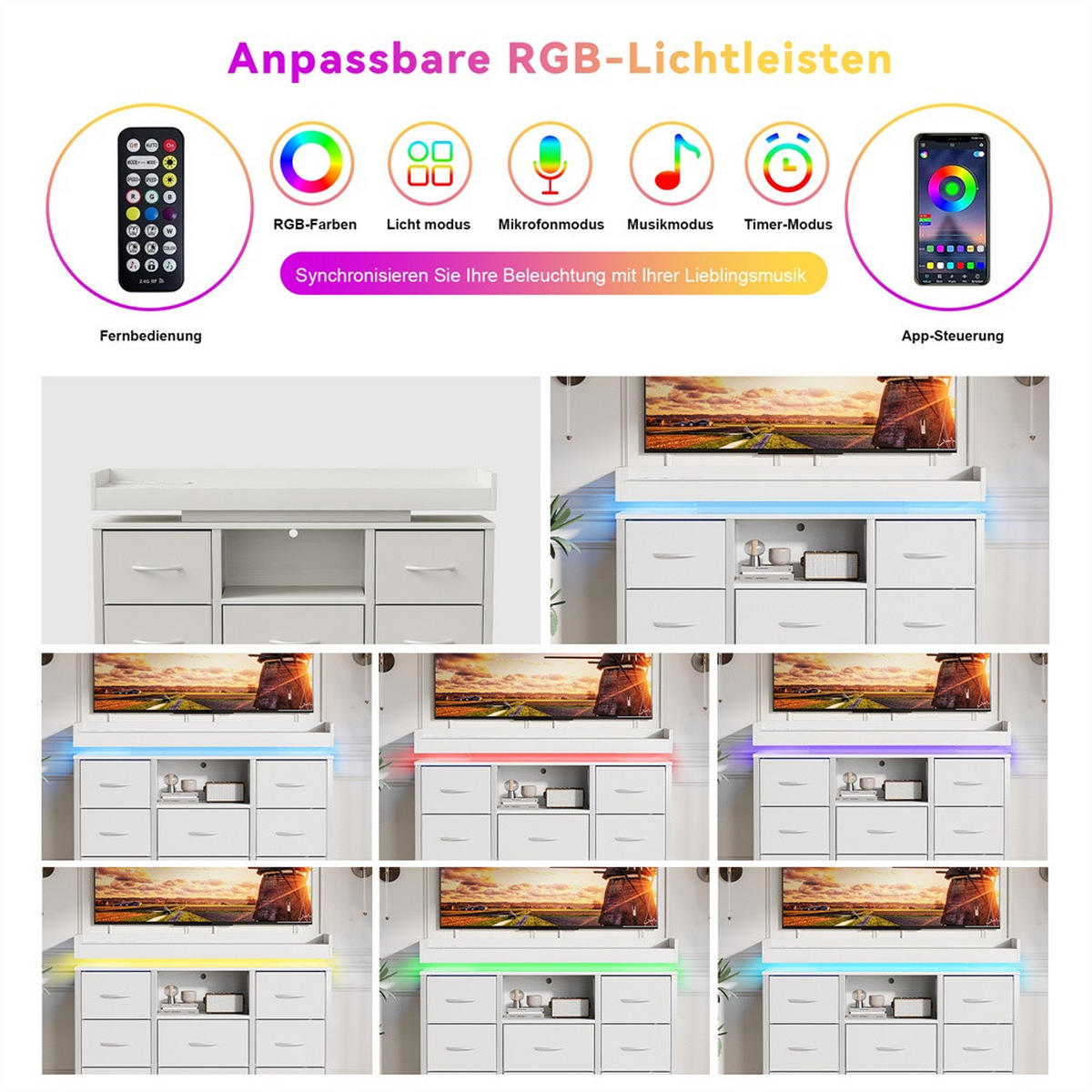 KOMMODE mit 8 Schubladen - integrierte Ladestation und RGB-LED-Beleuchtung - Weiß - Weiß, Holzwerkstoff (108/82/30cm) - DELFA