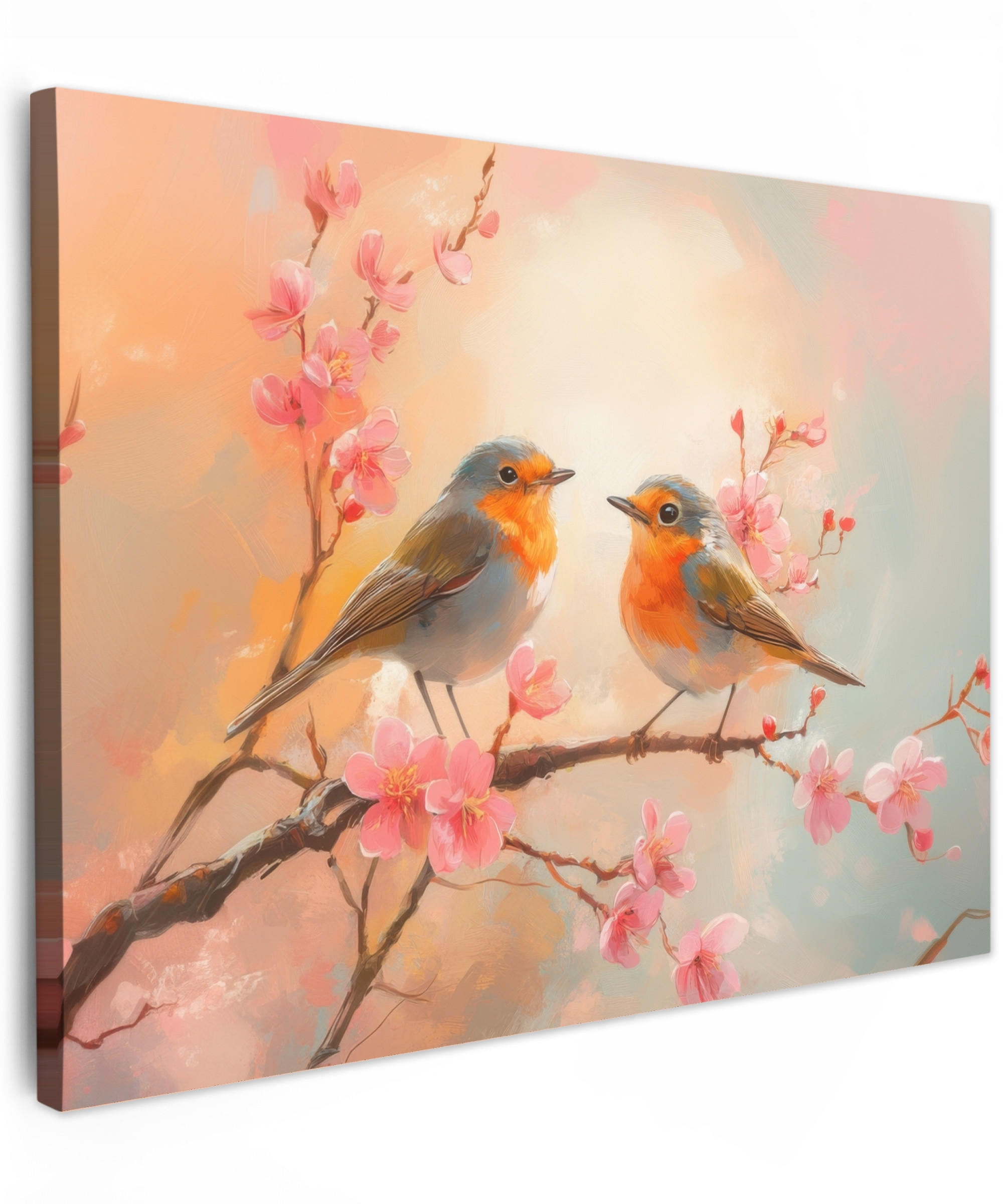 LEINWANDBILD Rotkehlchen - Zierpflanze - Blütenzweig Wandbilder 80x60 cm - Hellrosa, Textil (80/60cm) - MuchoWow