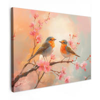 LEINWANDBILD Rotkehlchen - Zierpflanze - Blütenzweig Wandbilder 80x60 cm - Hellrosa, Textil (80/60cm) - MuchoWow