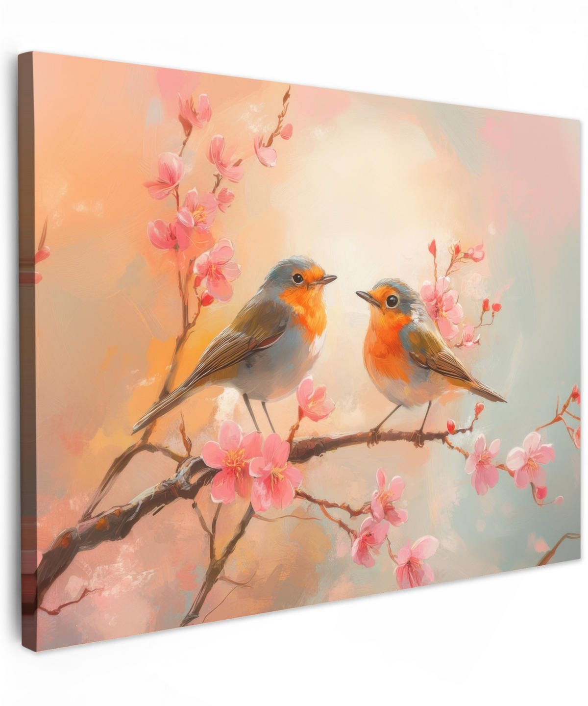 LEINWANDBILD Rotkehlchen - Zierpflanze - Blütenzweig Wandbilder 80x60 cm - Hellrosa, Textil (80/60cm) - MuchoWow