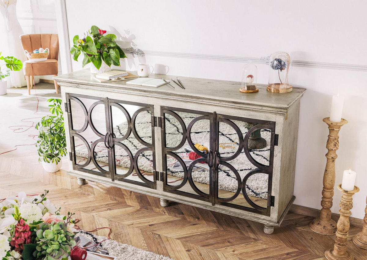 SIDEBOARD Mango 183x46x92 grau lackiert HERMITAGE #010 - Grau, Holz (183/92/46cm) - Massivmoebel24