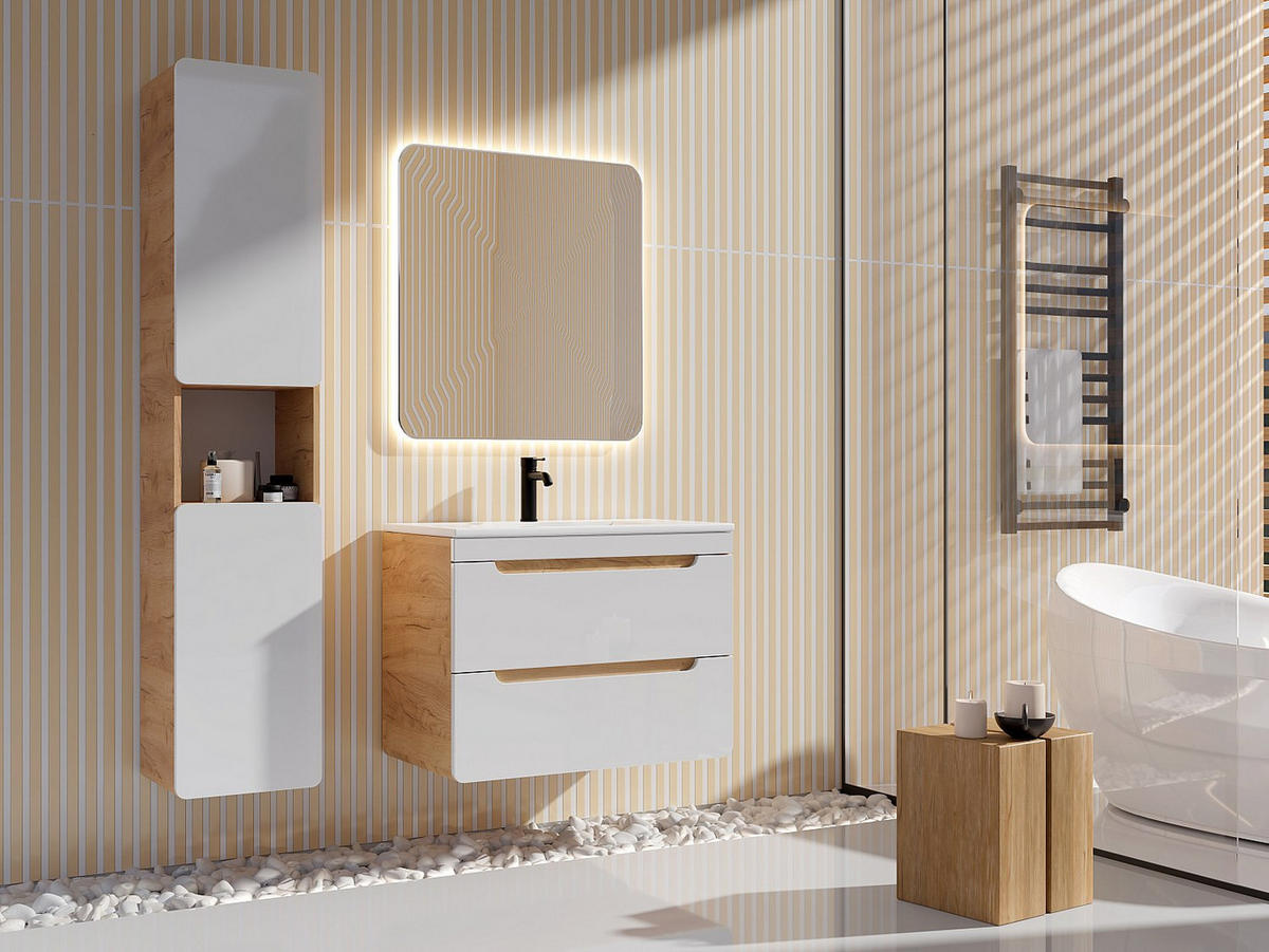 BADSCHRANK - 35 cm x 32 cm - Holz, Platte - Naturfarben Hell, Weiß - ARUBA - Naturfarben/Weiß, Holz (35/170/32cm) - Vente-Unique